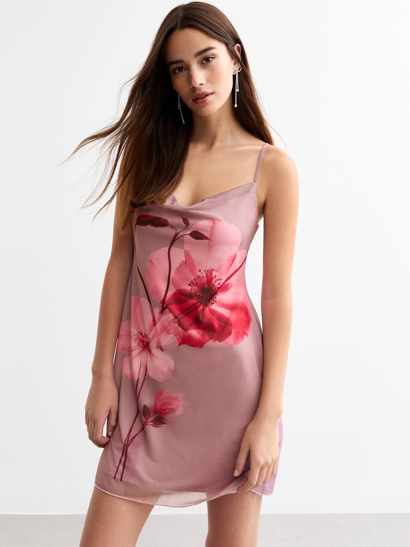 Image 1 of 4 of New Look Rose Print Mesh Strappy Mini Dress - Pink