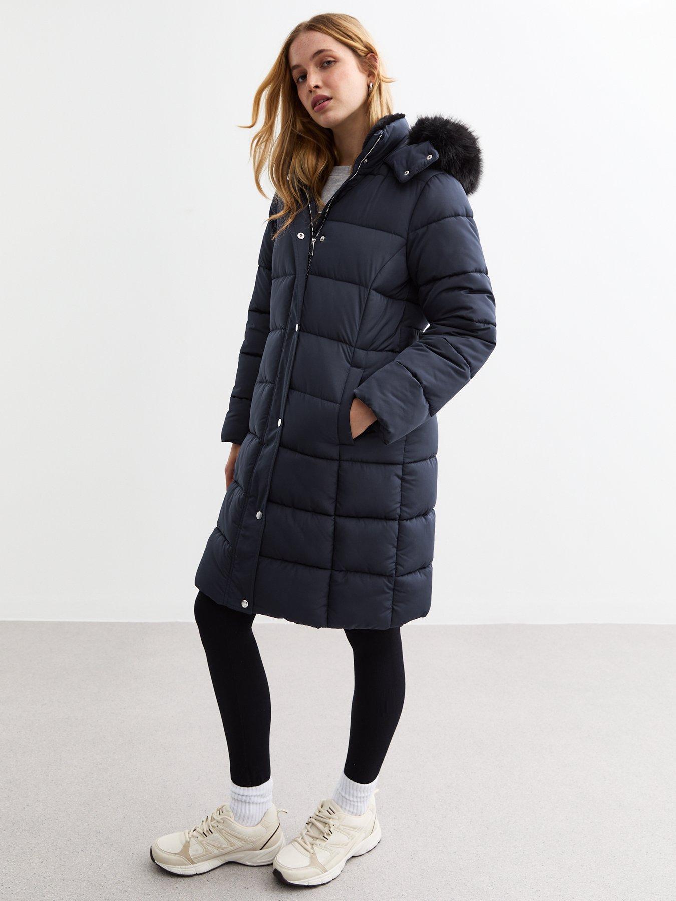 undefined Faux Fur Trim Hood Long Puffer Coat - Navy