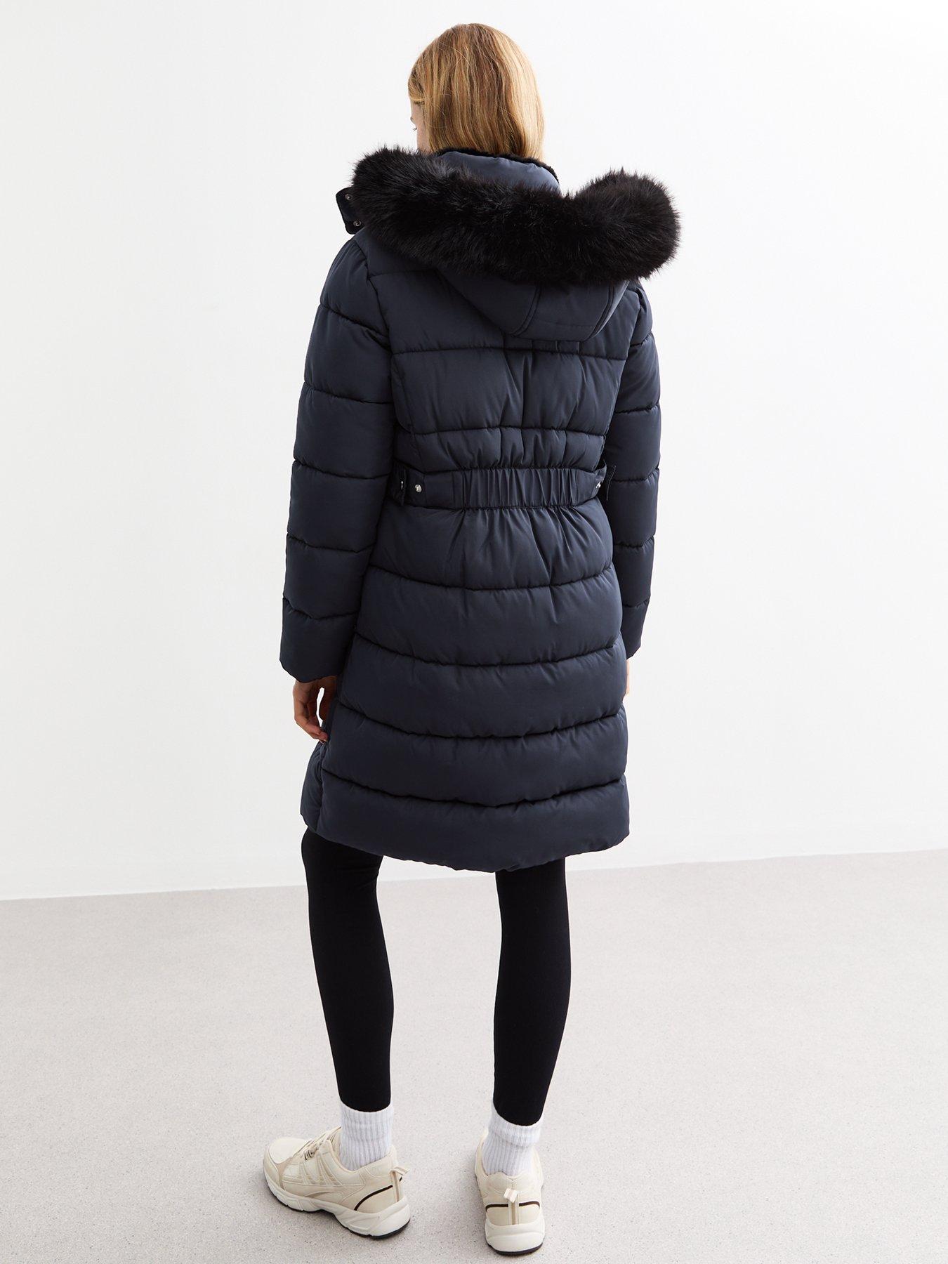 New Look Faux Fur Trim Hood Long Puffer Coat Navy Littlewoods