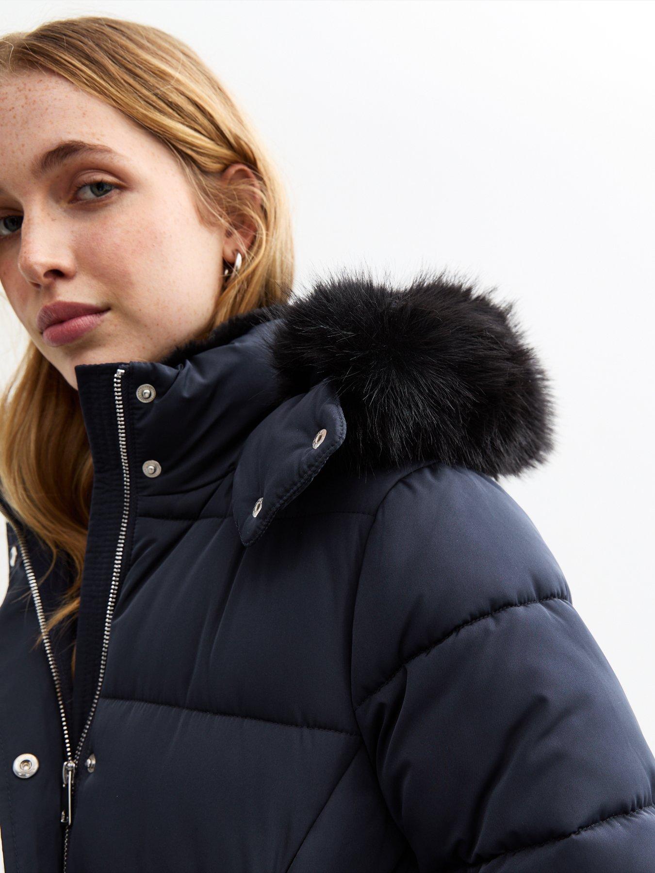 New Look Faux Fur Trim Hood Long Puffer Coat Navy Littlewoods