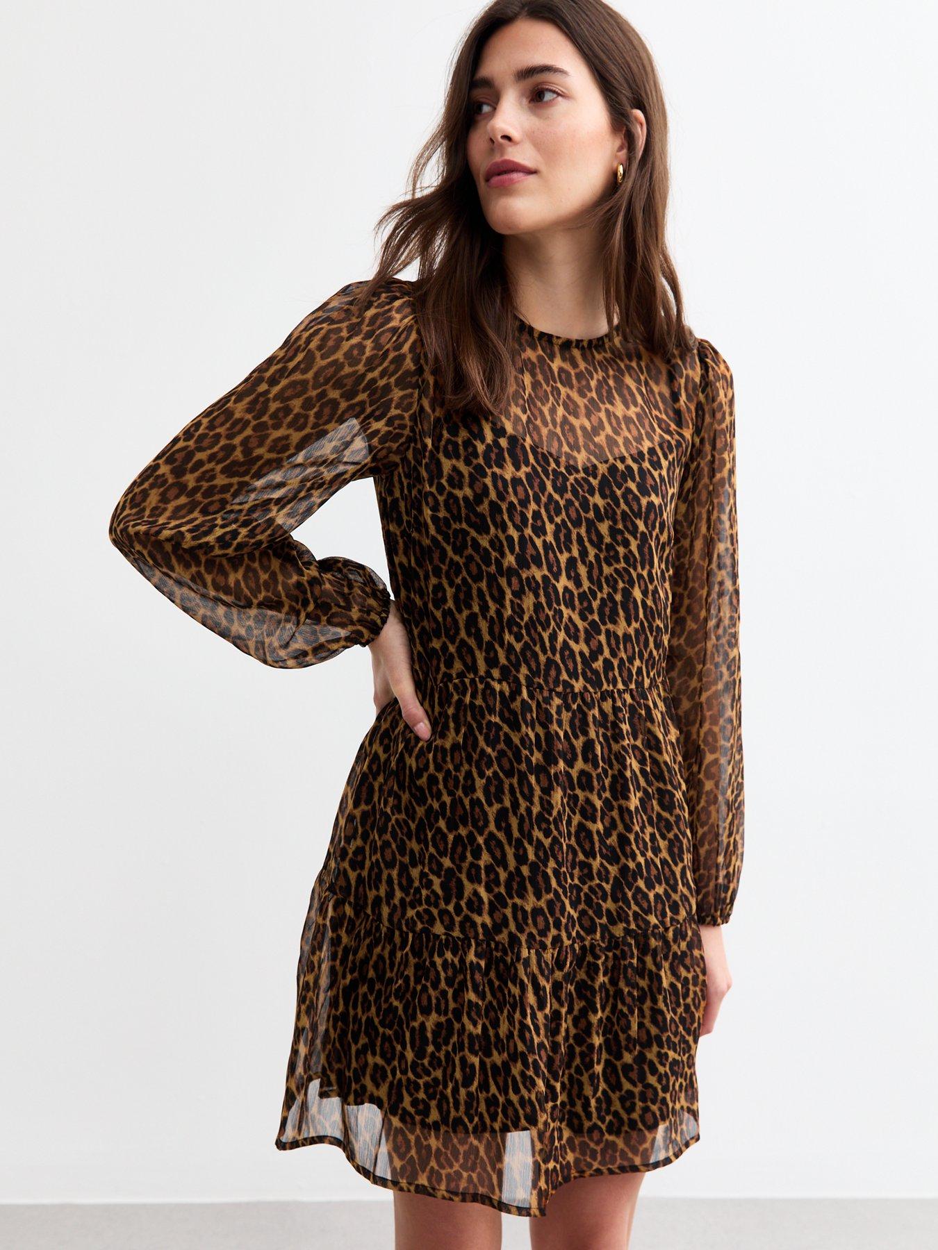 New Look Brown Rose Leopard Print Long sleeve Mini Dress littlewoods