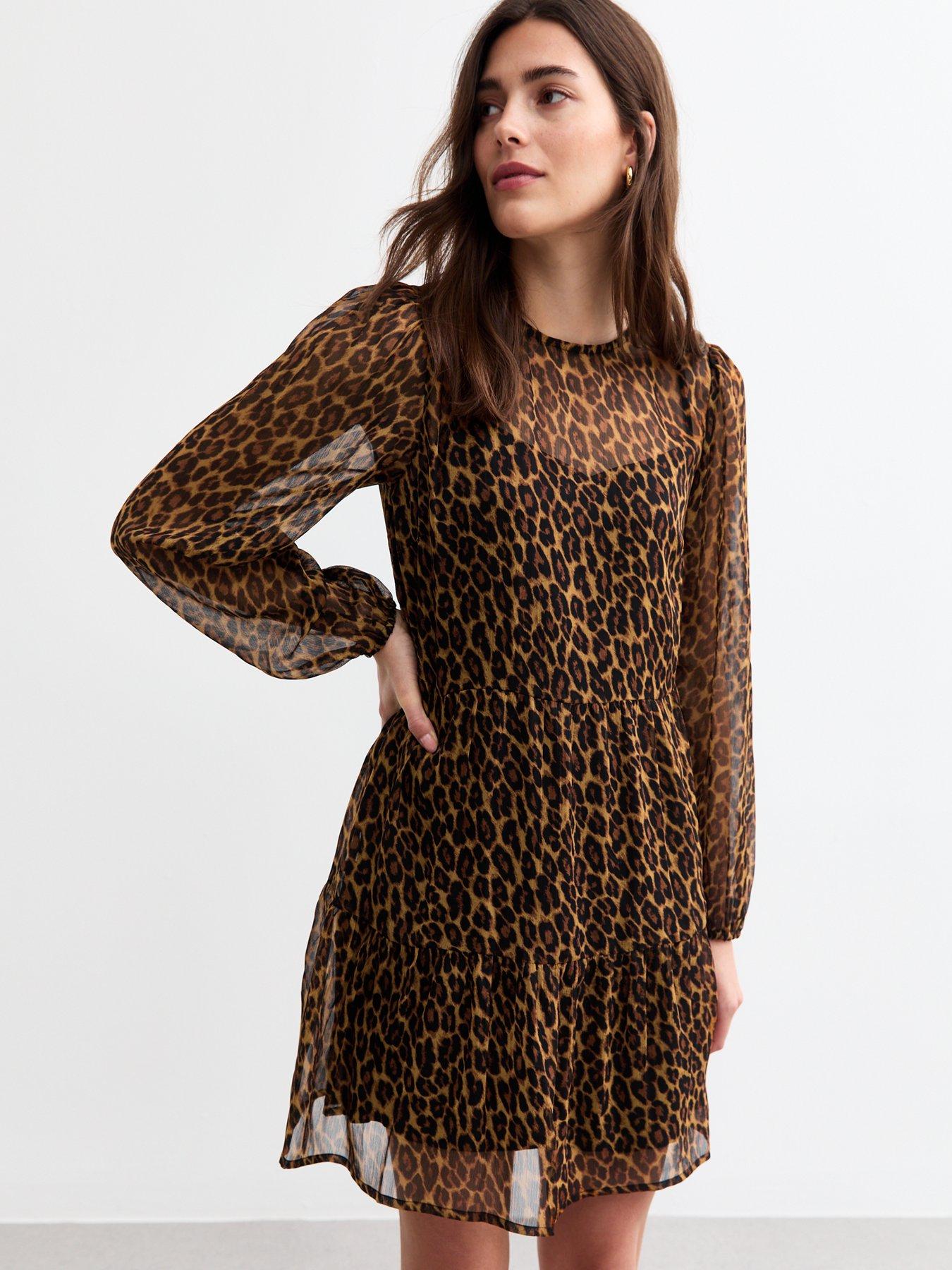 undefined Leopard Chiffon Long Sleeve Mini Dress - Print