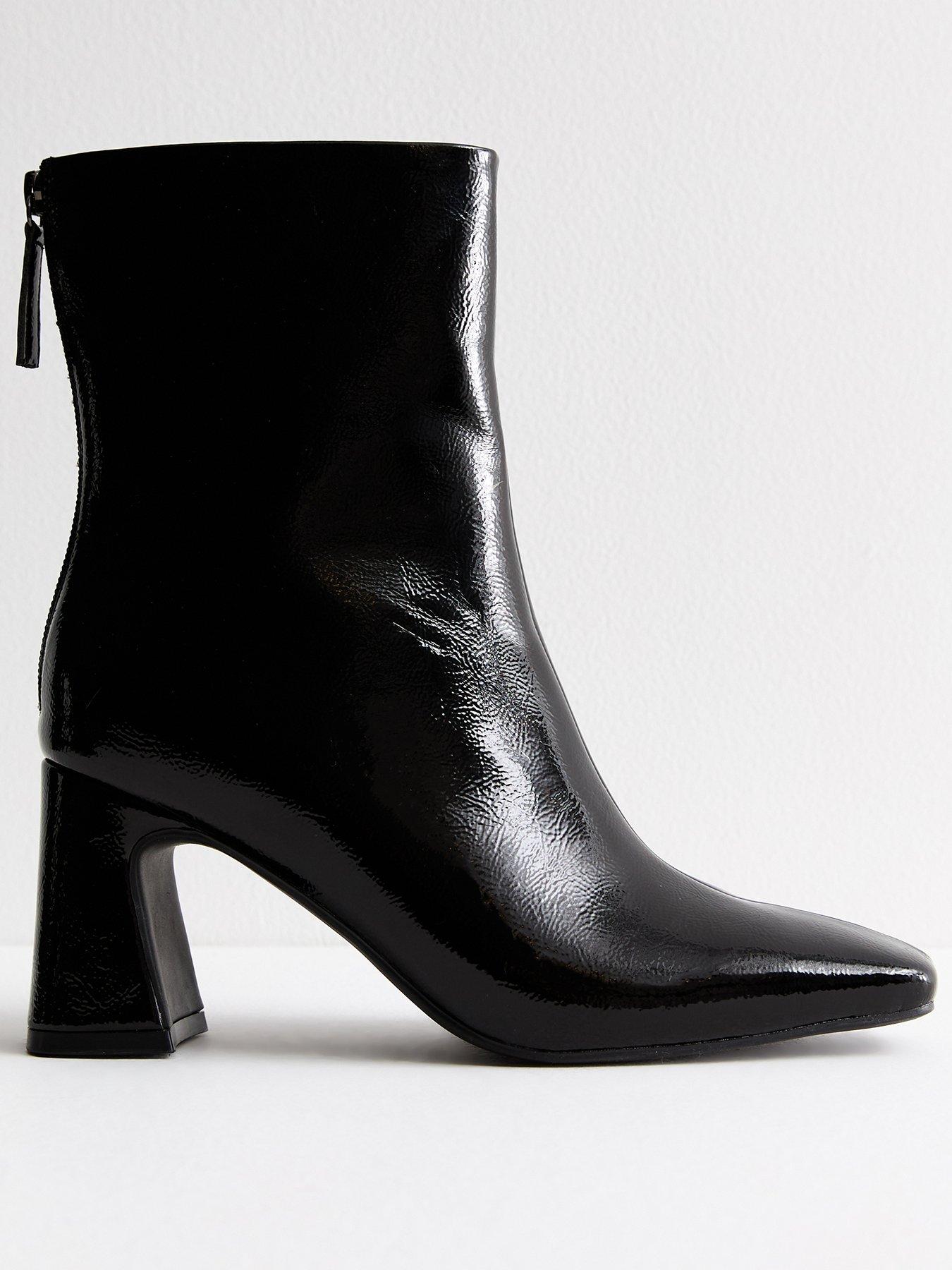 Image 1 of 5 of New Look Leather Look Heeled Ankle Boots - Black