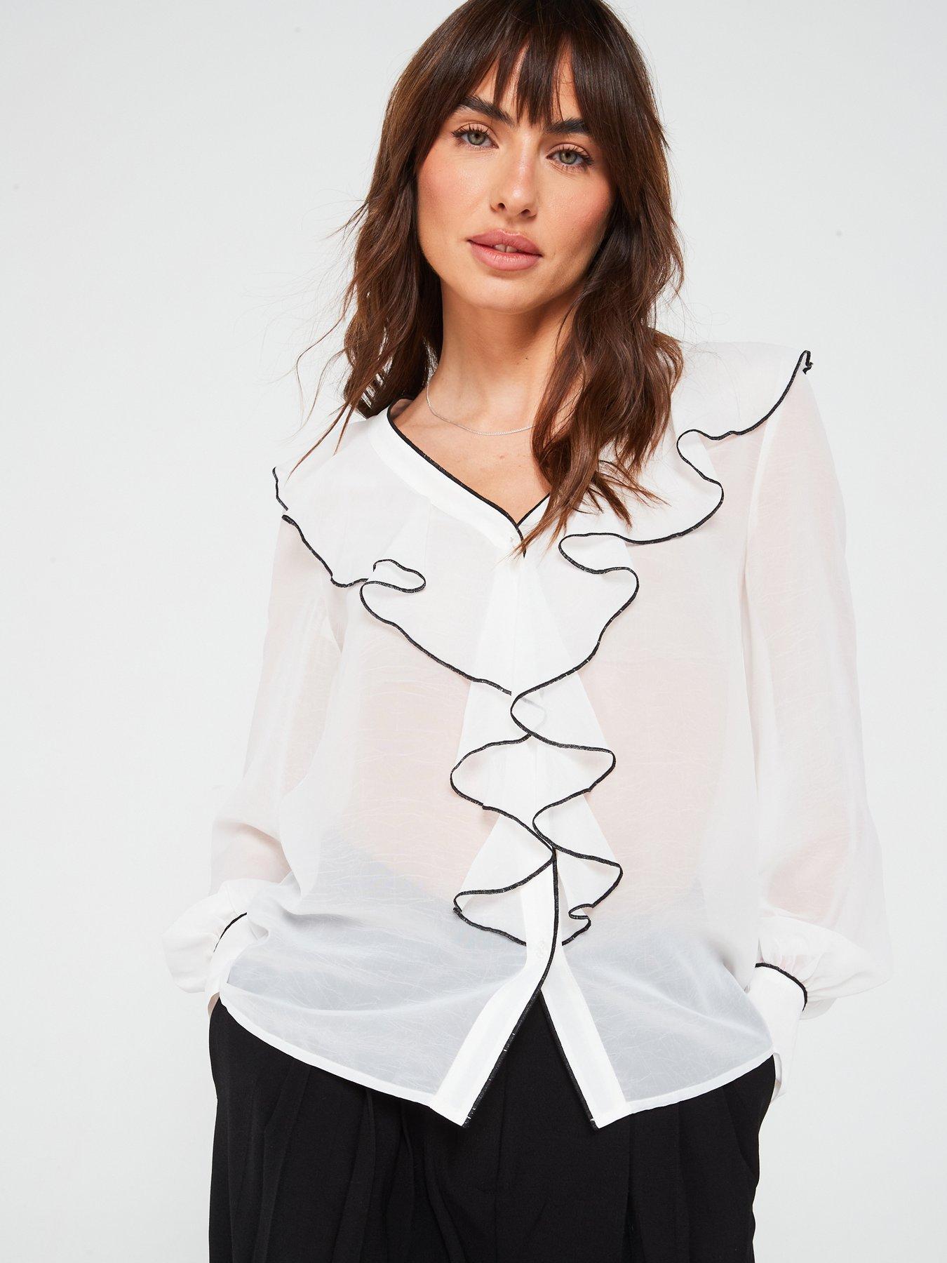 front image of v-by-very-contrast-ruffle-blouse-ivory