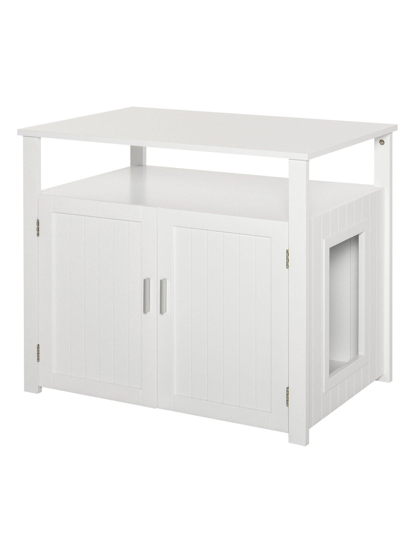 undefined Wood Cat Litter Box Enclosure Furniture w/ Adjustable Interior Wall (White)