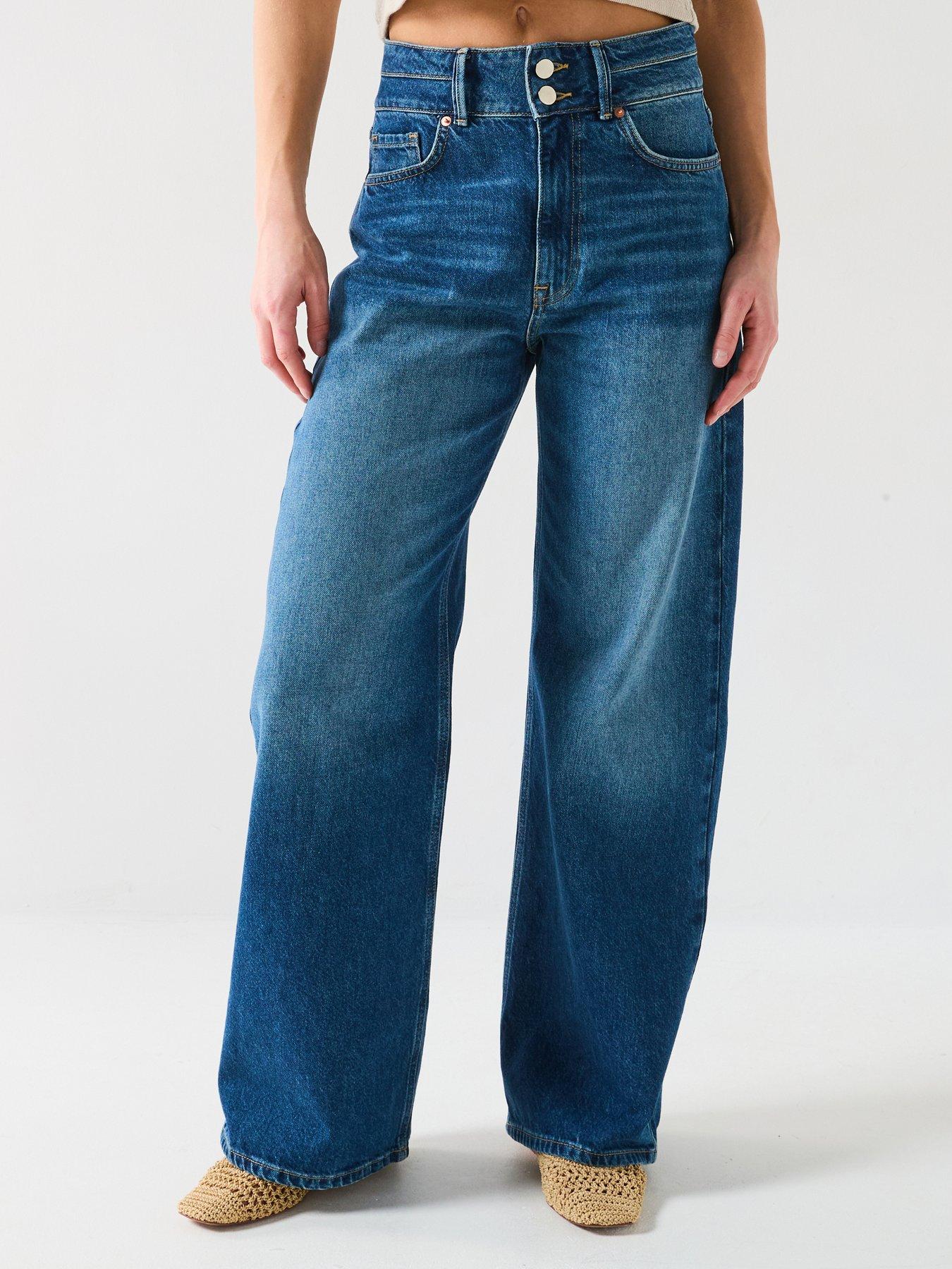 V by Very Double Button Wide Leg Jeans - Dark Wash