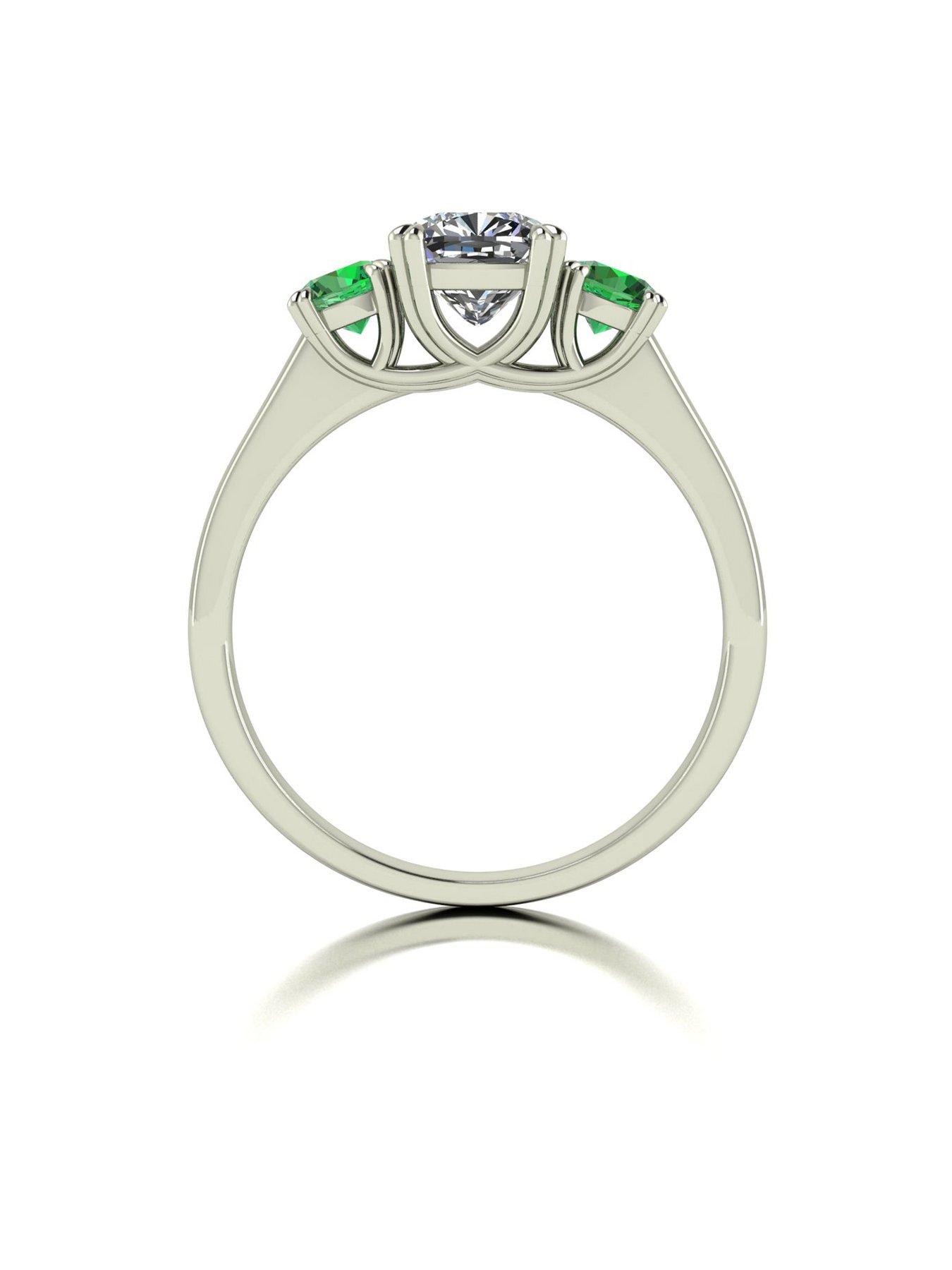  image of moissanite-9ct-white-gold-criss-cross-cut-cushion-starlight-moissanite-with-created-emerald-16cts-total-eq-trilogy-ring