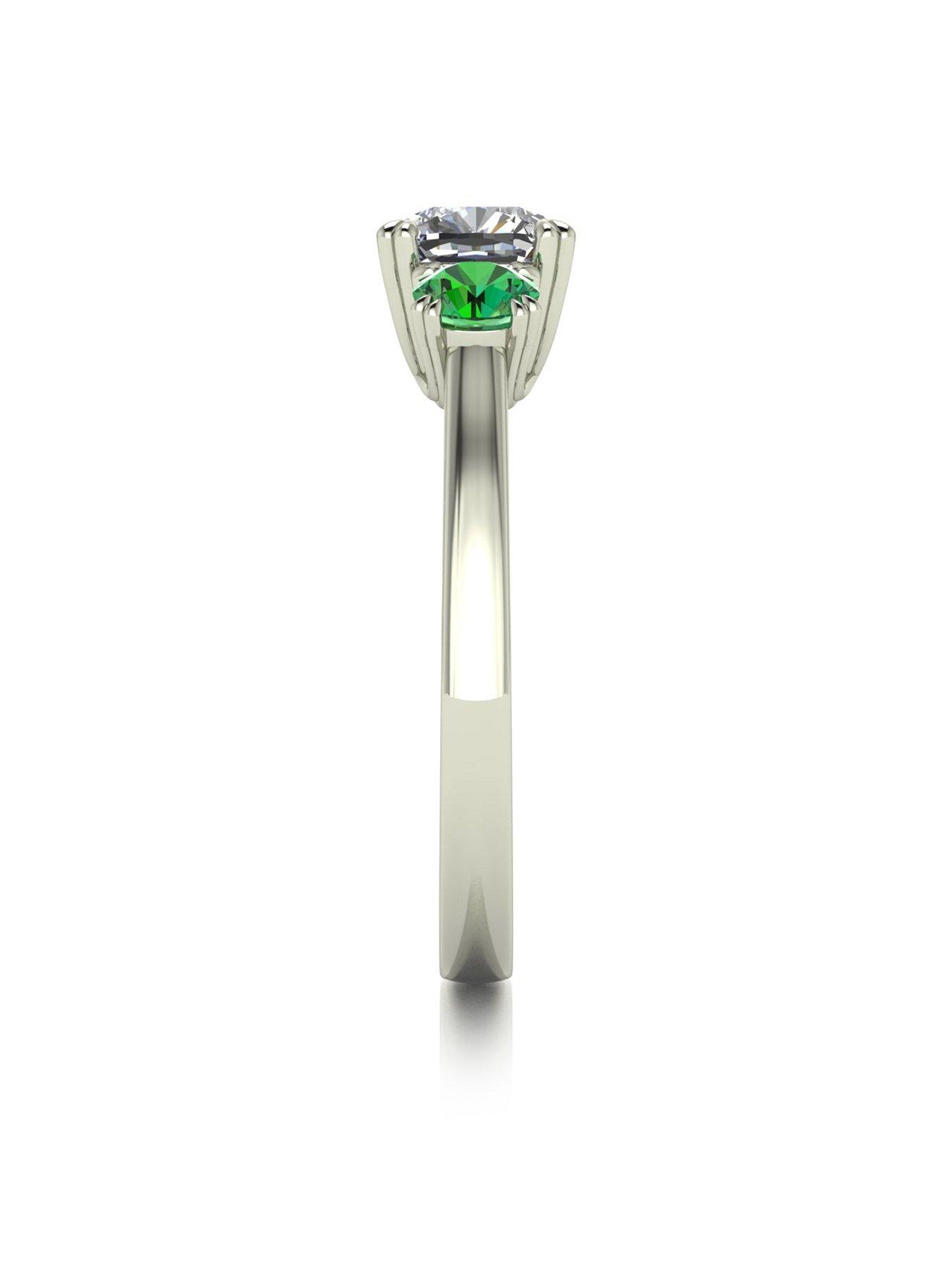  image of moissanite-9ct-white-gold-criss-cross-cut-cushion-starlight-moissanite-with-created-emerald-16cts-total-eq-trilogy-ring