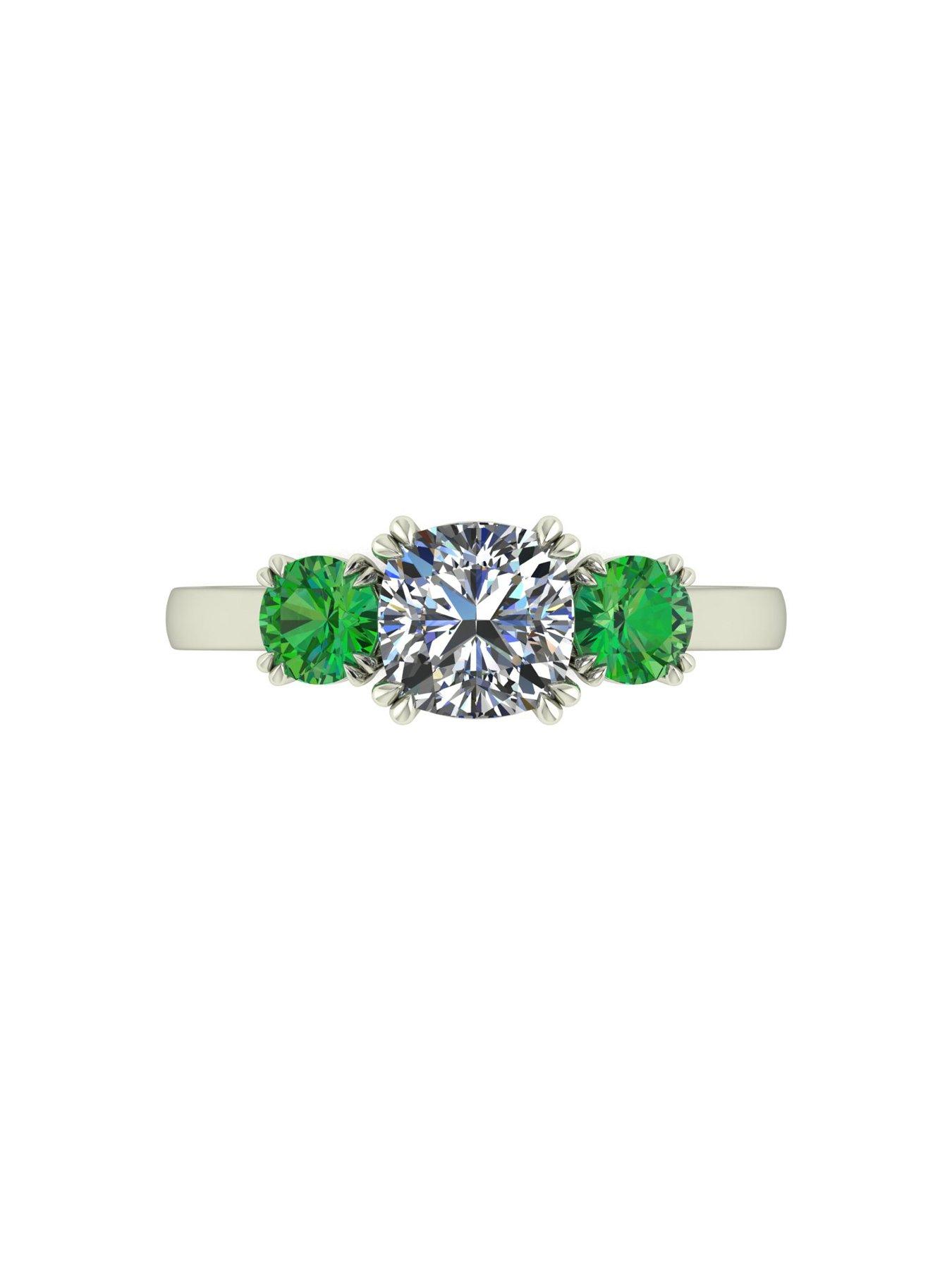  image of moissanite-9ct-white-gold-criss-cross-cut-cushion-starlight-moissanite-with-created-emerald-16cts-total-eq-trilogy-ring