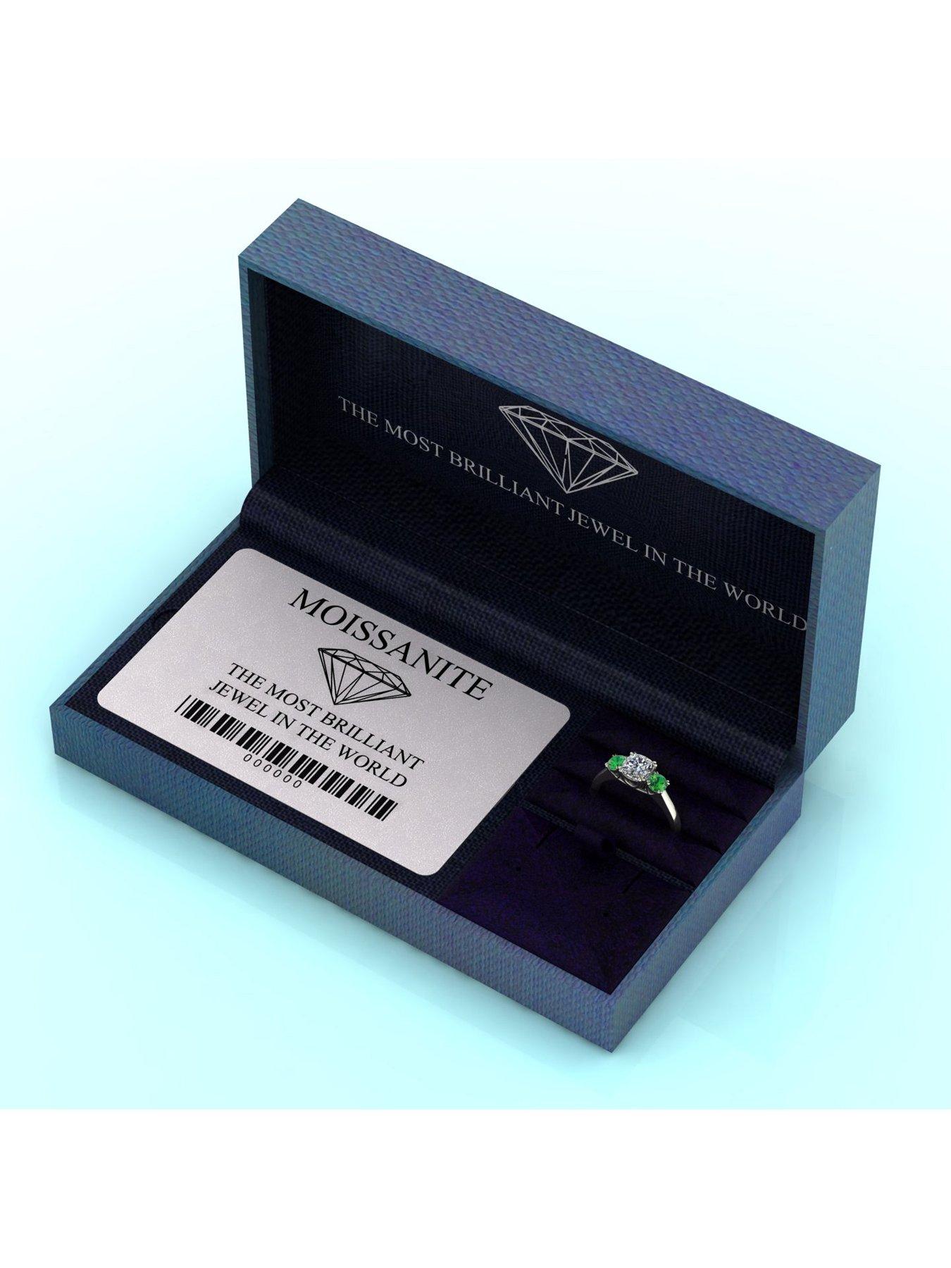  image of moissanite-9ct-white-gold-criss-cross-cut-cushion-starlight-moissanite-with-created-emerald-16cts-total-eq-trilogy-ring