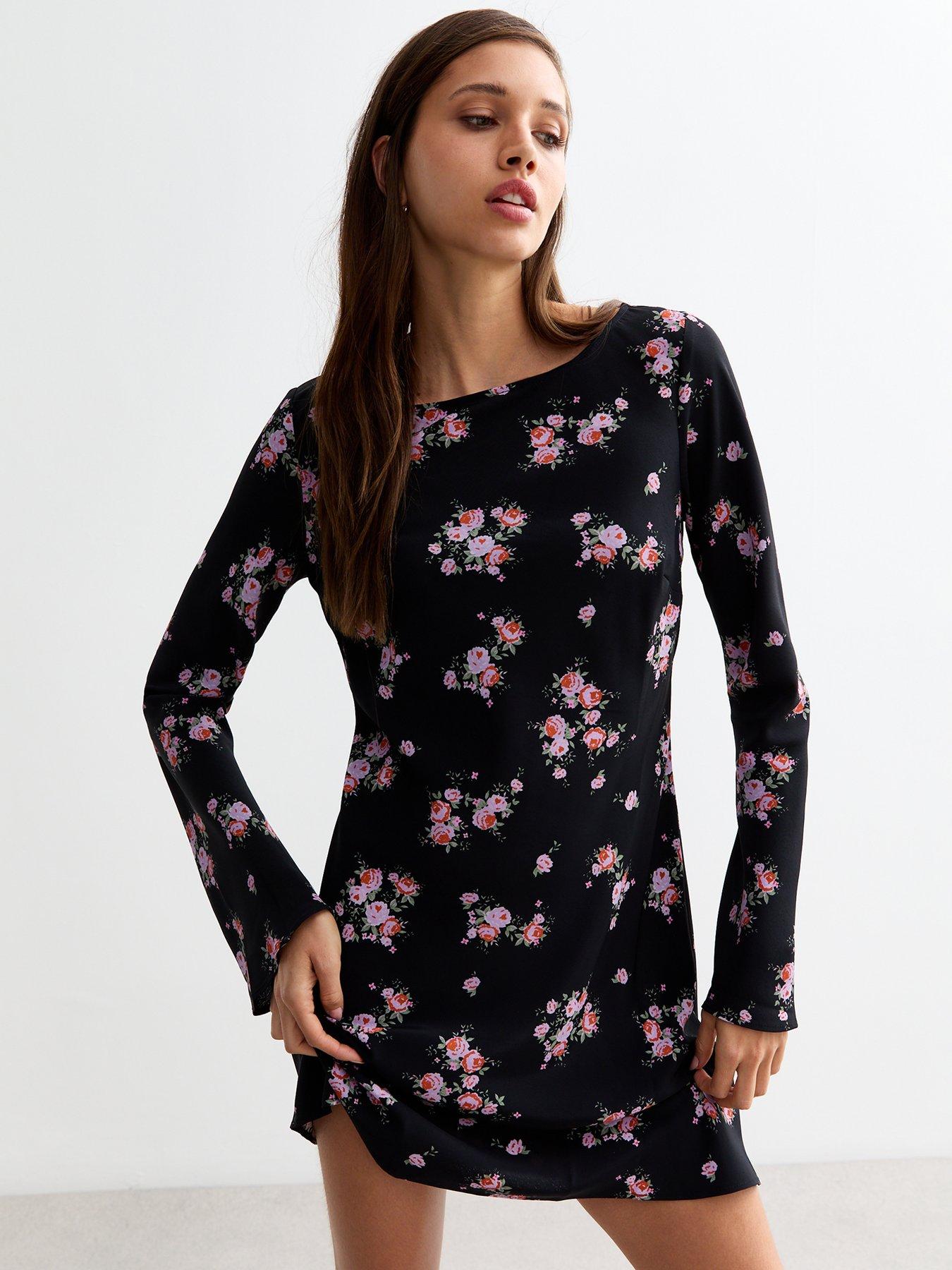 New Look Black Ditsy Rose Pattern Long Sleeve Mini Dress | littlewoods.com