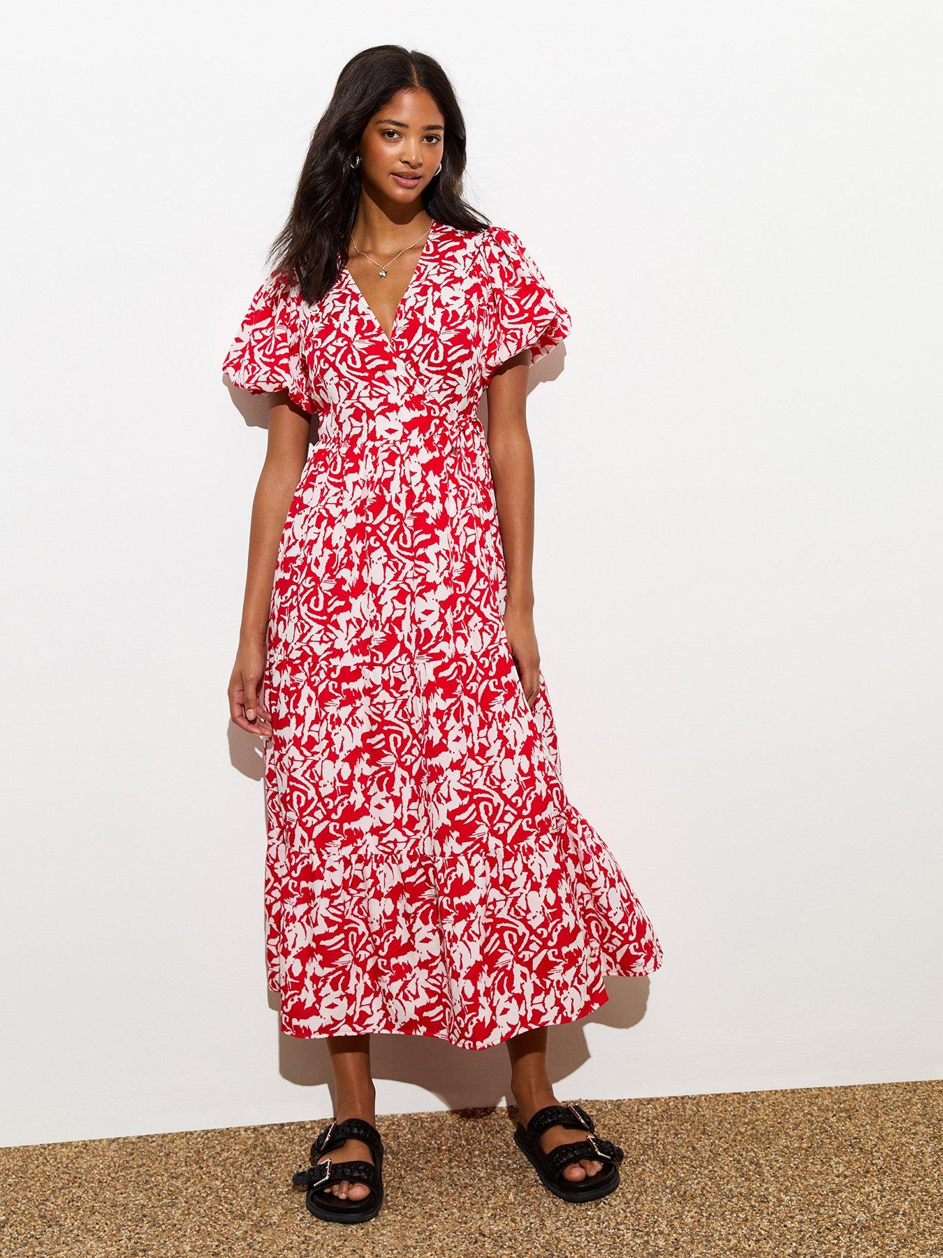 New Look Red Floral Print Wrap Midi Dress Littlewoods
