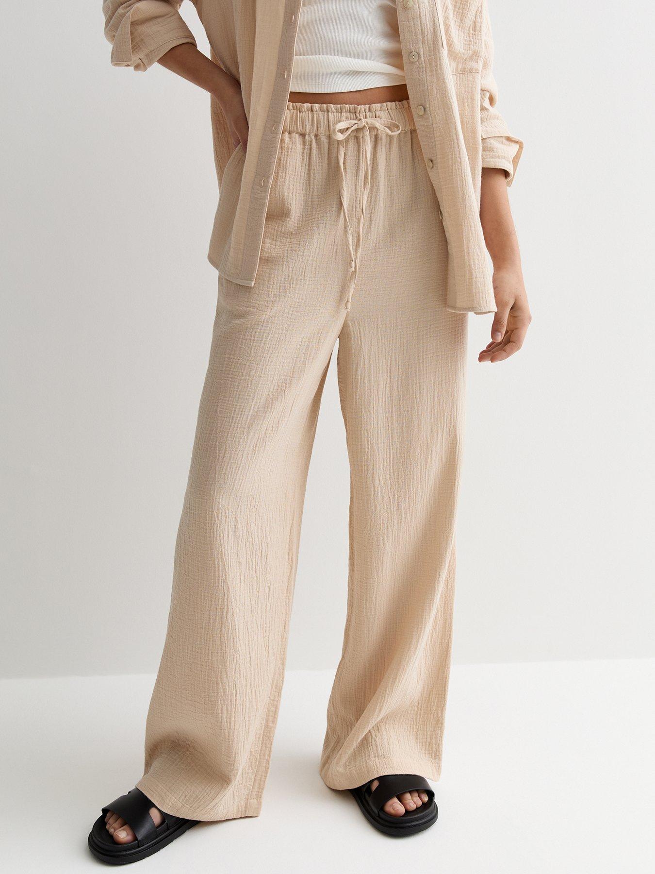 Image 1 of 4 of New Look Stone Cotton Wide Leg Trousers
