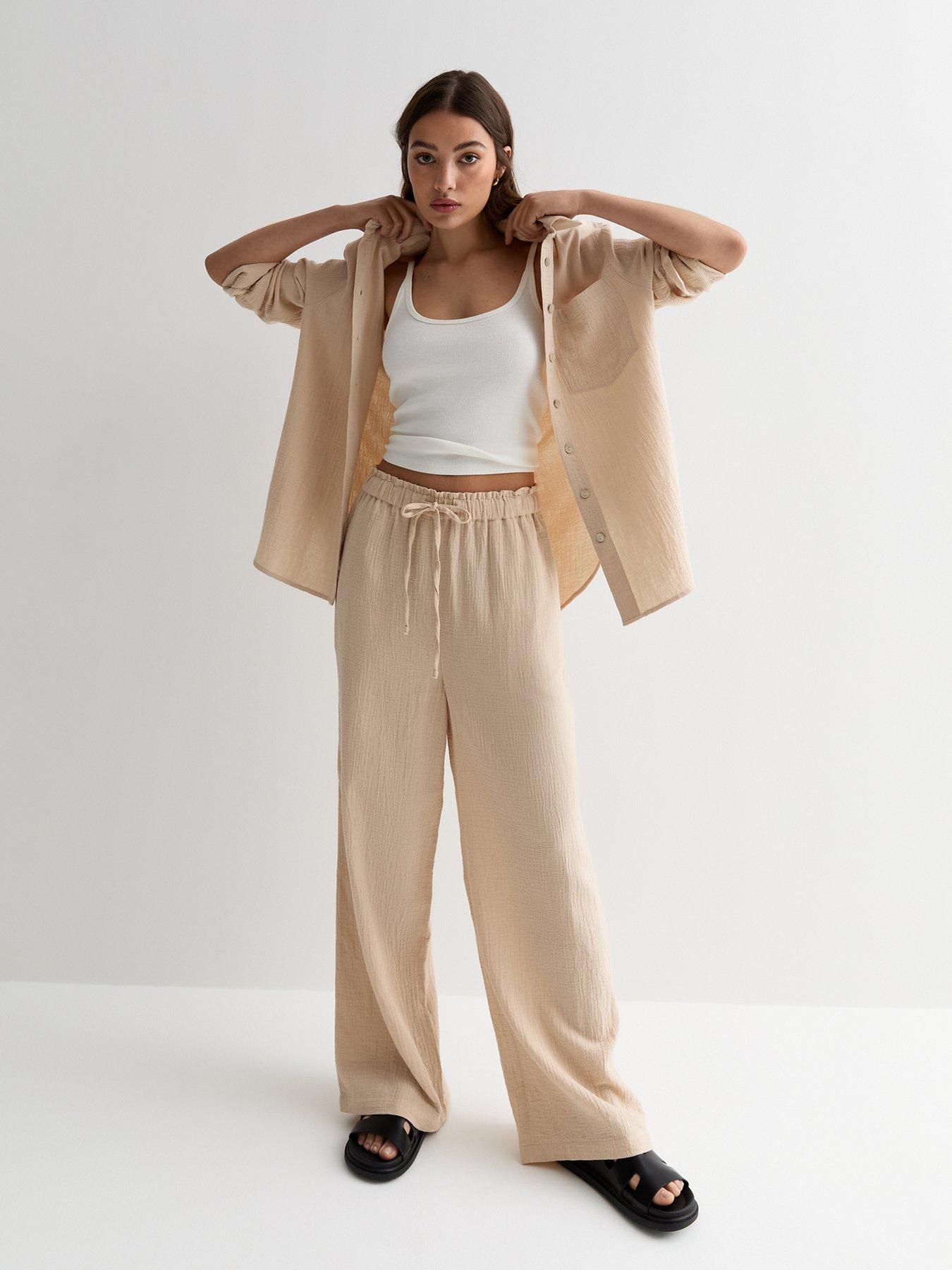 Image 3 of 4 of New Look Stone Cotton Wide Leg Trousers