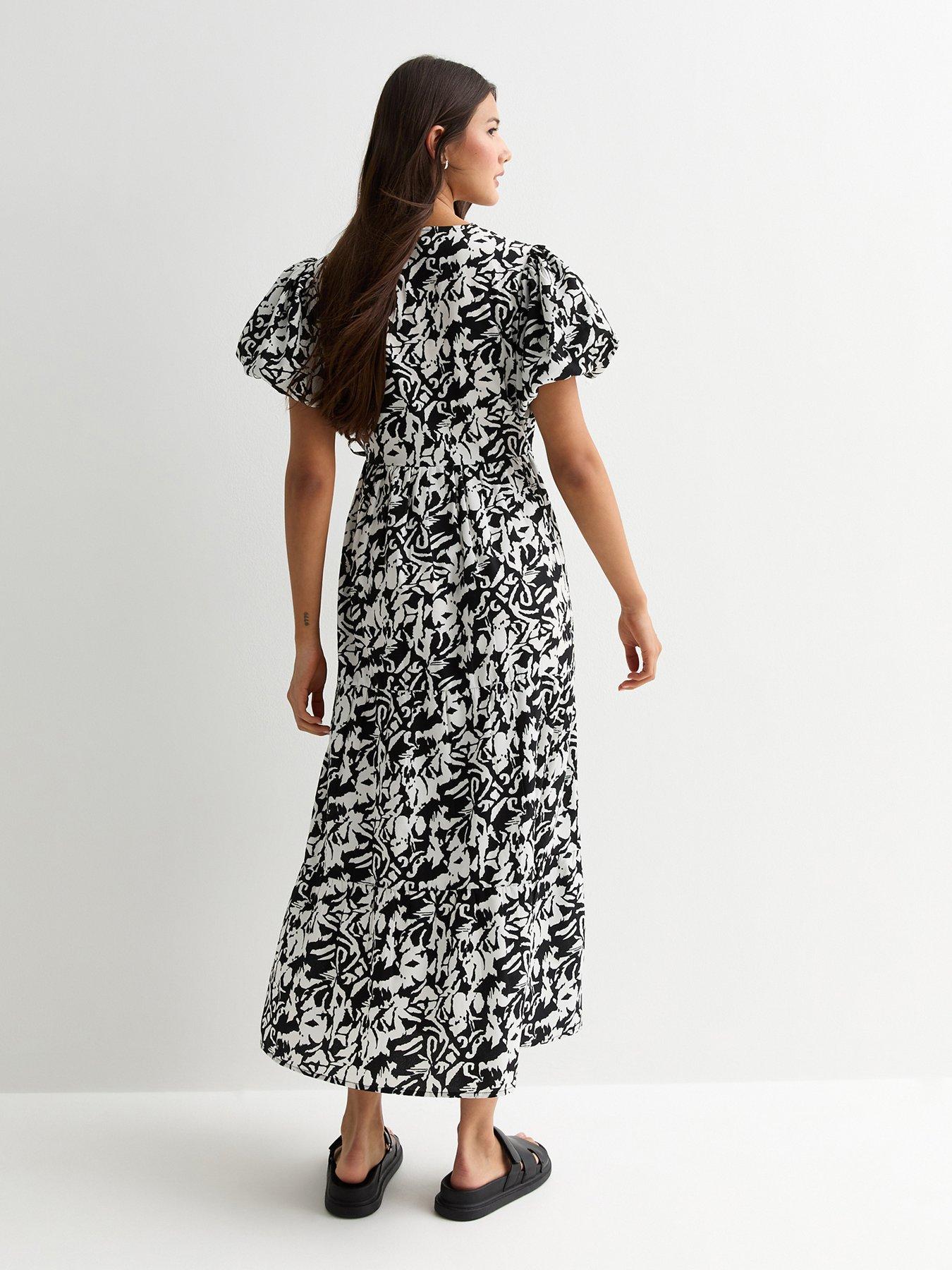 New Look Abstract Puff Sleeve Wrap Midi Dress - Print | Littlewoods