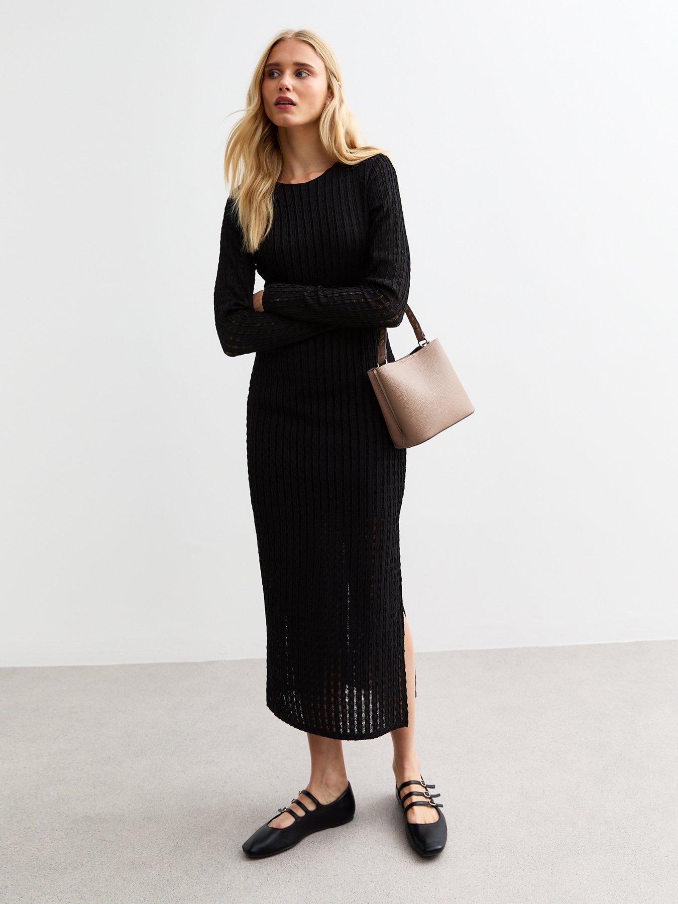 undefined Black Textured Long Sleeve Midi Dress