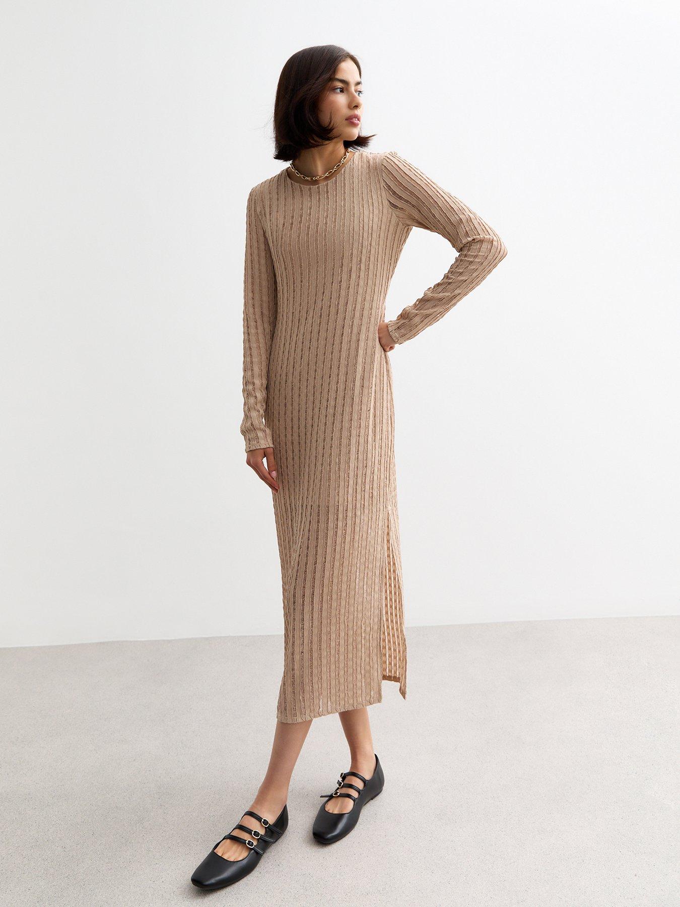 undefined Stone Textured Long Sleeve Midi Dress