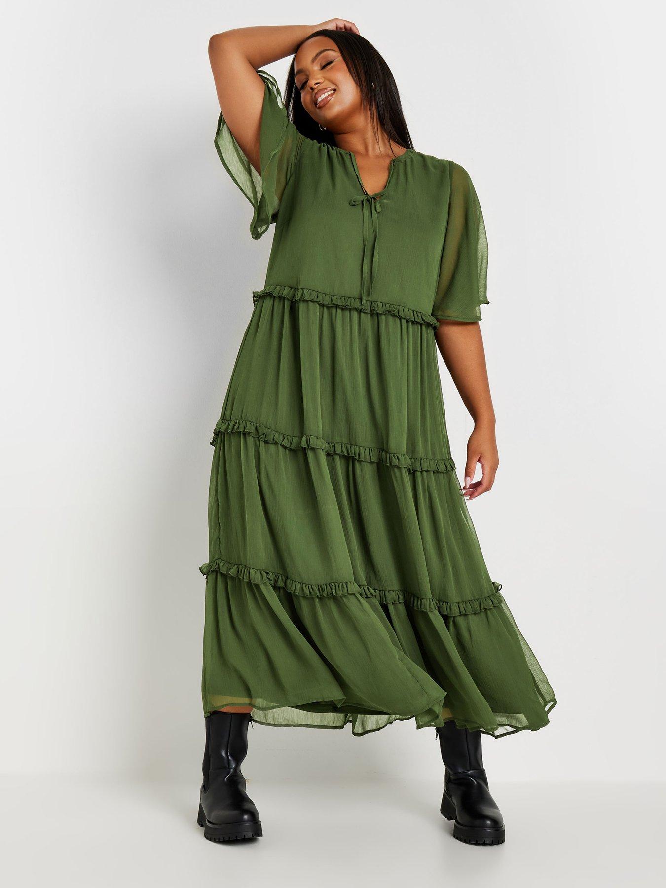 undefined Curve Chiffon Tiered Dress - Green