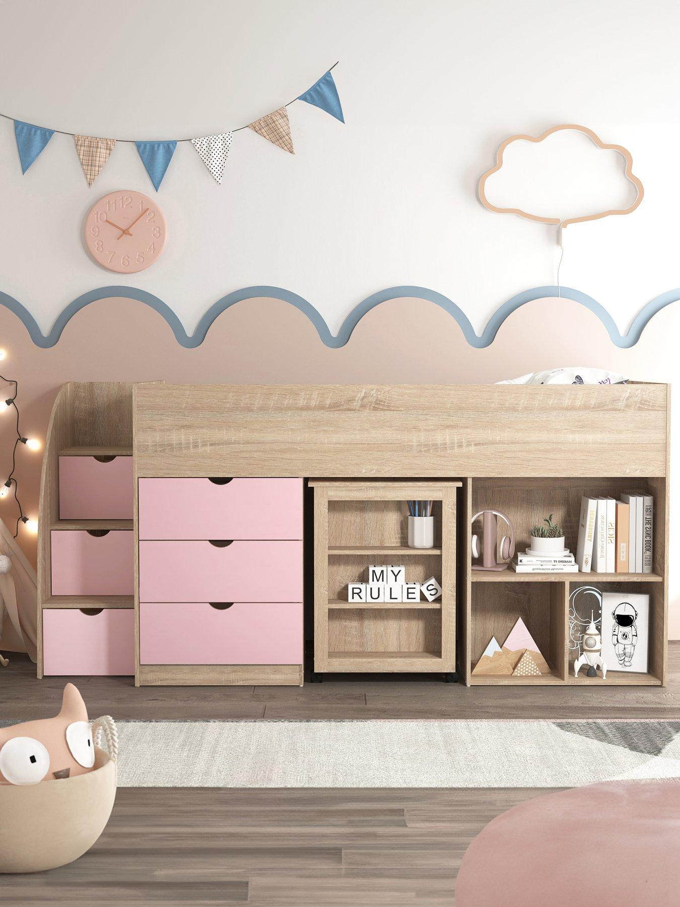 The Very Collection Mico Mid Sleeper Bed with Pull-Out Desk, Storage and Mattress Options (Buy  &  SAVE!) - Light Pink/Oak Effect