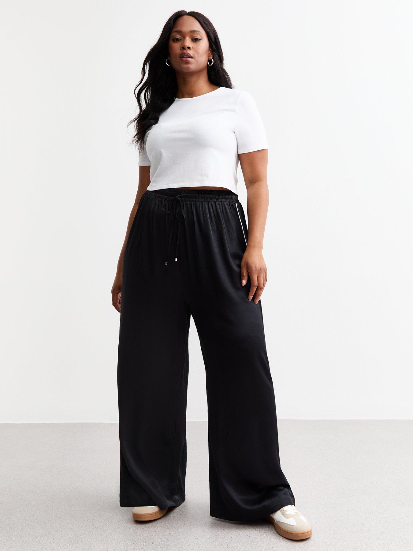 undefined Curves Side Stripe Satin Wide Leg Trousers - Black