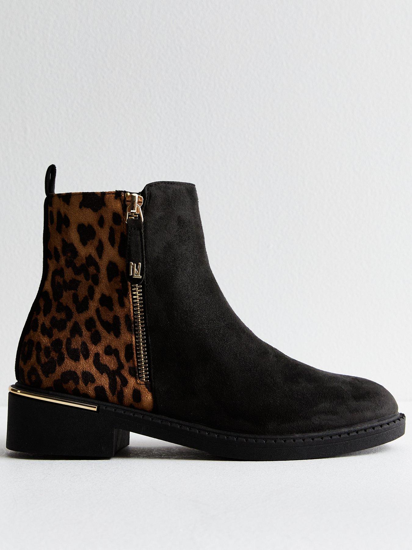 Brown Suedette Leopard Print Mix Ankle Boots