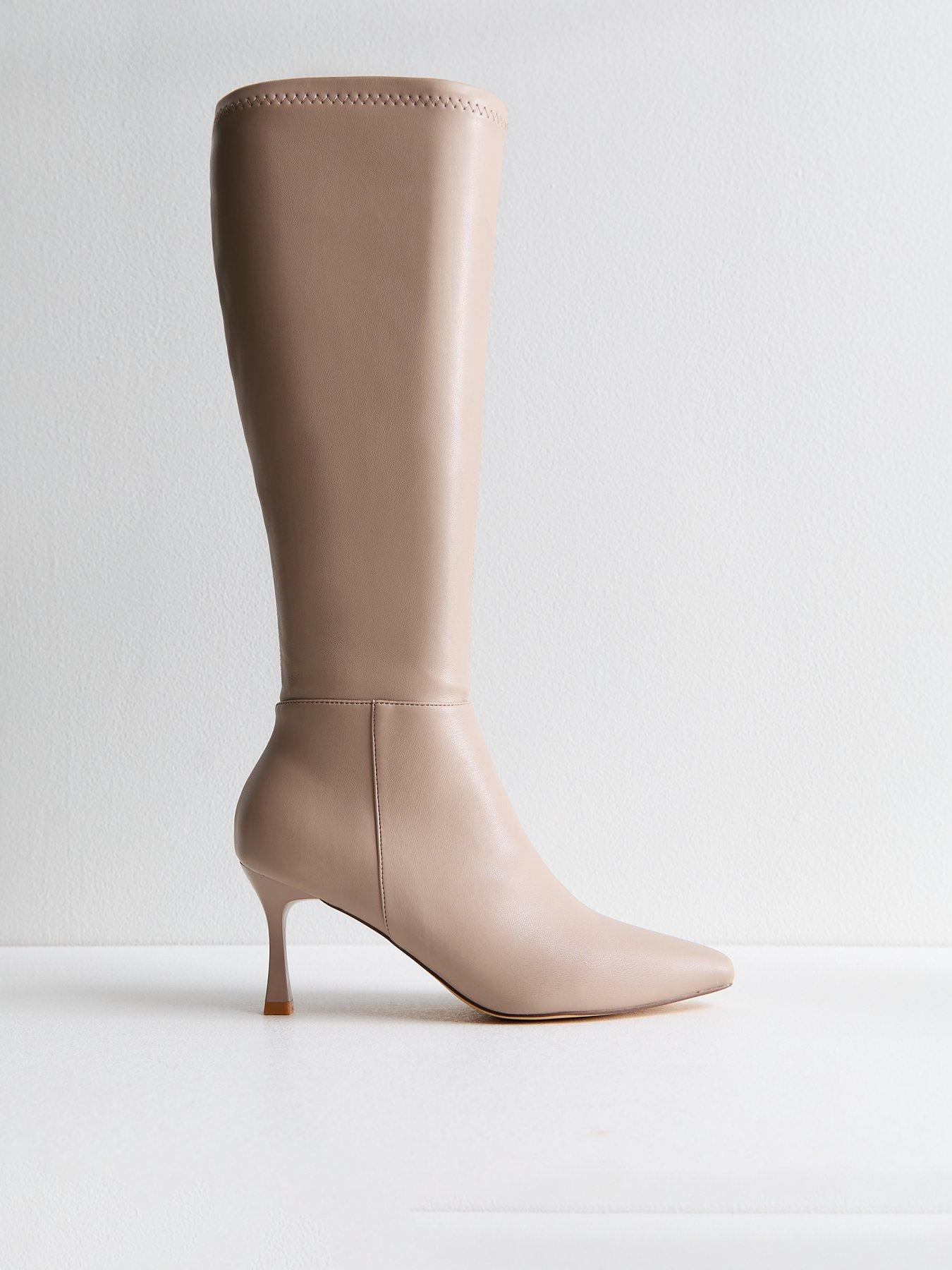 Image 1 of 6 of New Look Faux Leather Knee High Stiletto Boots - Beige