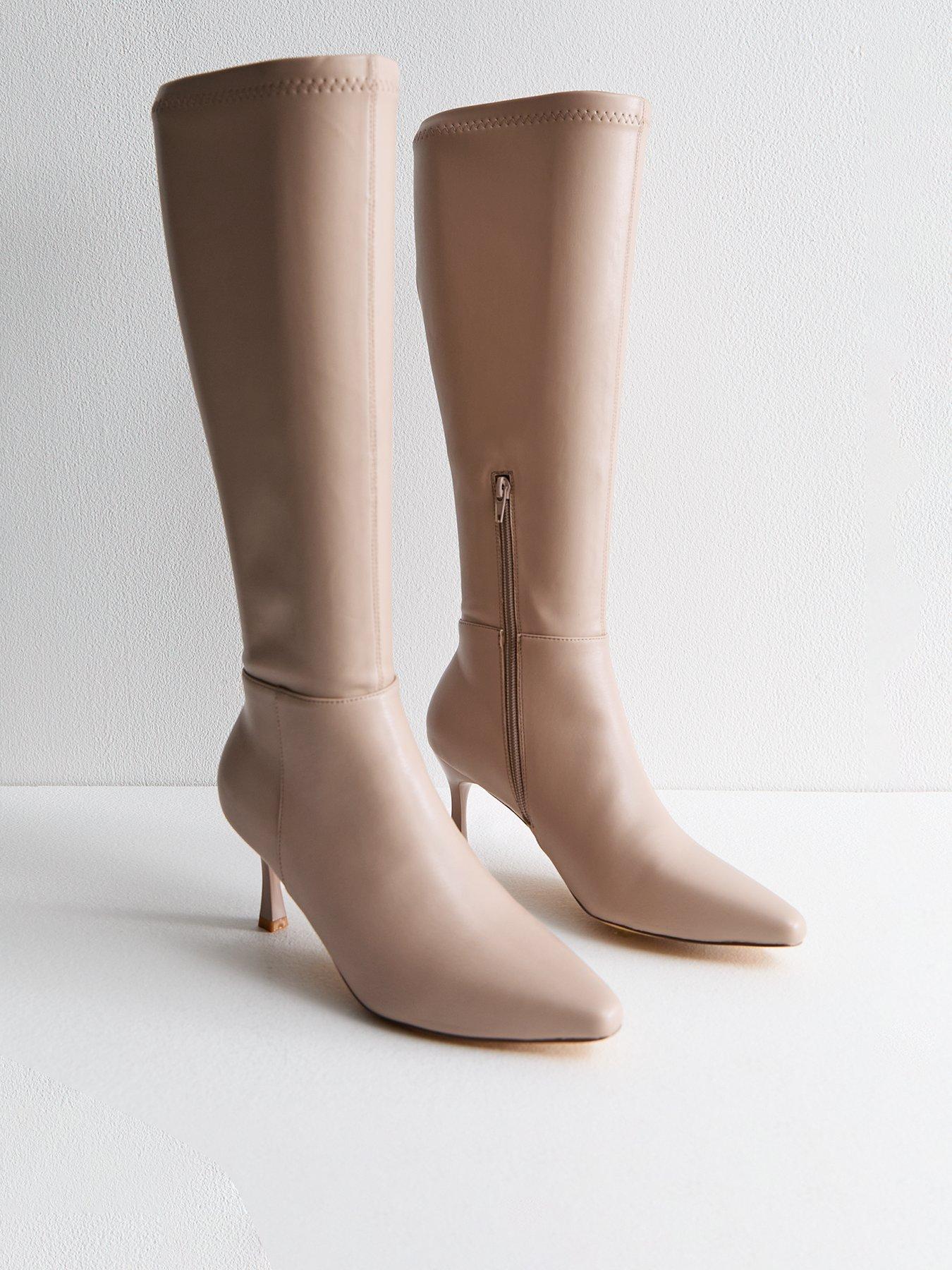 Image 2 of 6 of New Look Faux Leather Knee High Stiletto Boots - Beige