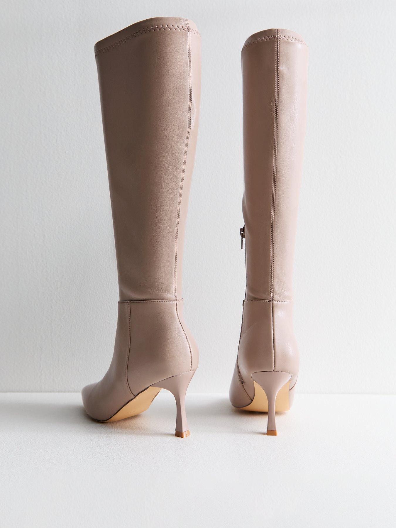 Image 3 of 6 of New Look Faux Leather Knee High Stiletto Boots - Beige