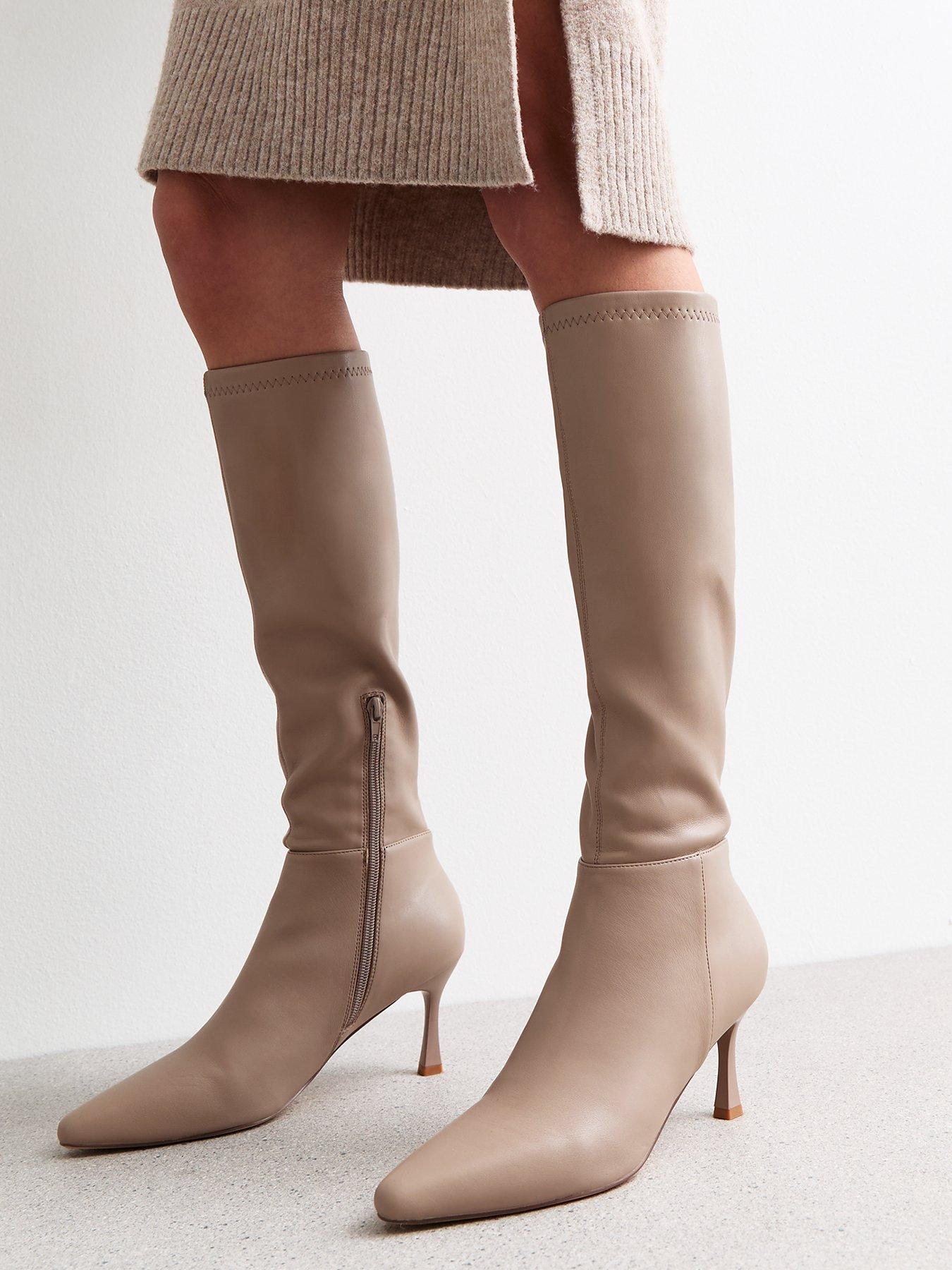 Image 4 of 6 of New Look Faux Leather Knee High Stiletto Boots - Beige