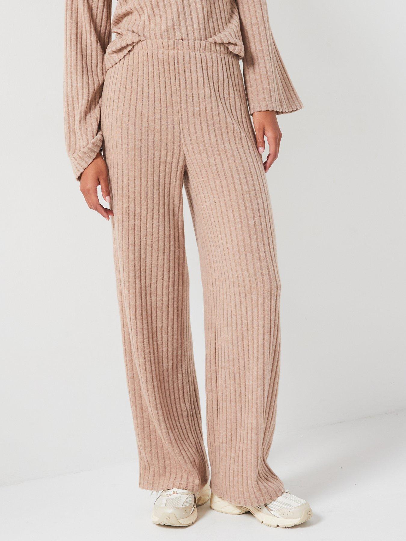 undefined Ribbed High Waist Wide Leg Pant - Grey - Cream