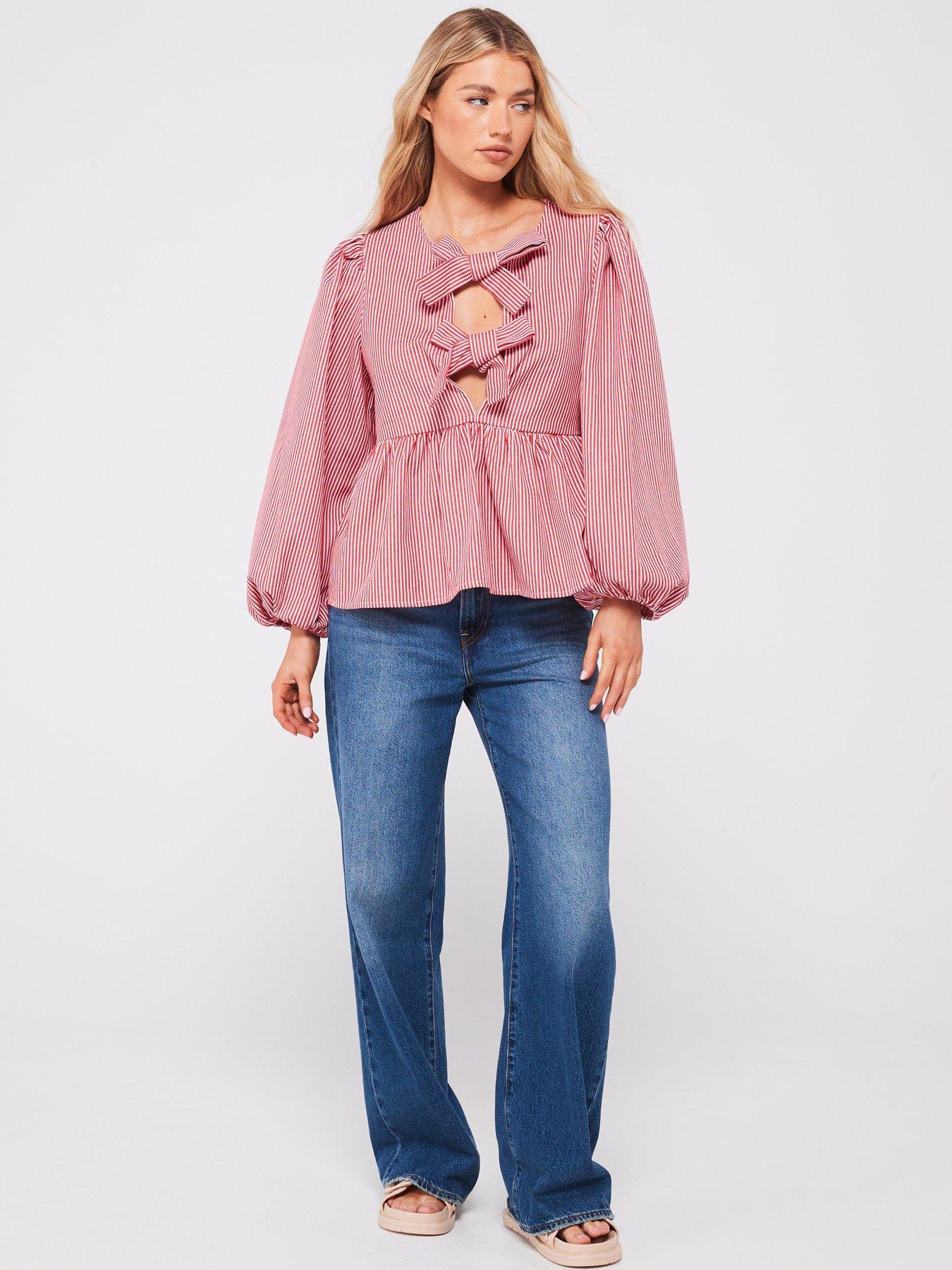 Image 3 of 5 of PIECES Jayla Long Sleeve Tie Top - Red