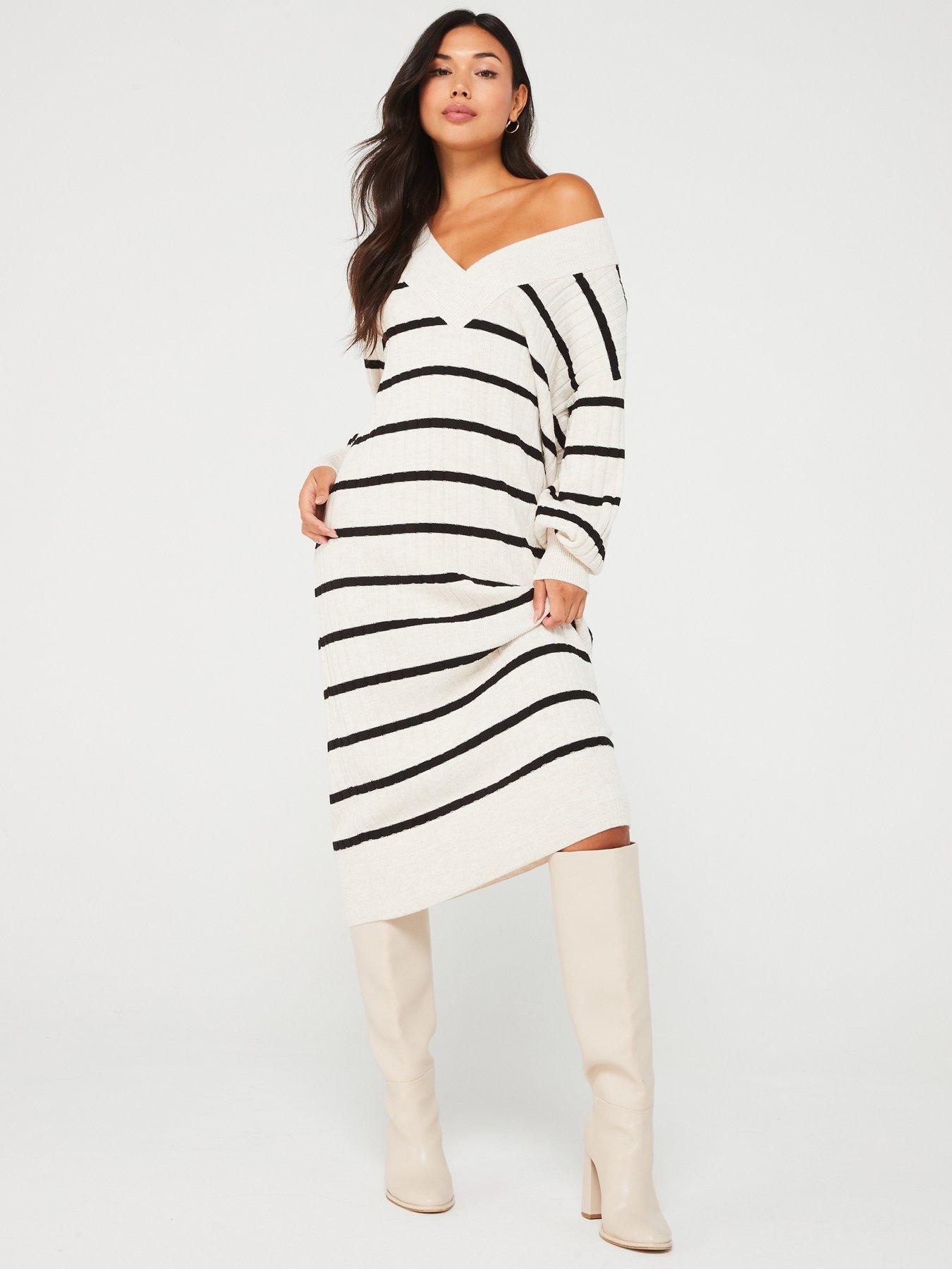 undefined V Neck Striped Knitted Midi Dress - Multi