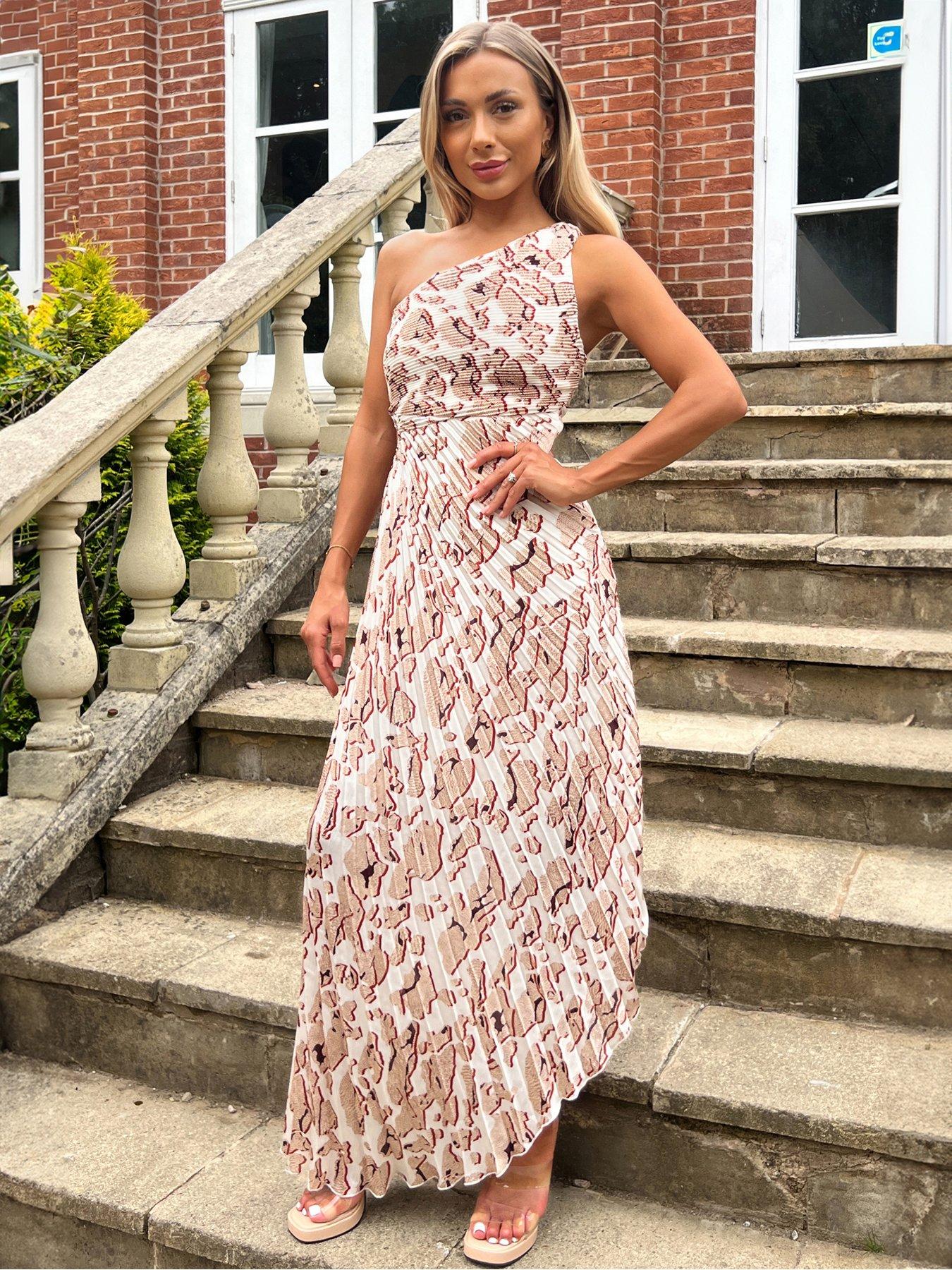 undefined Pleated One Shoulder Printed Dress - Cream