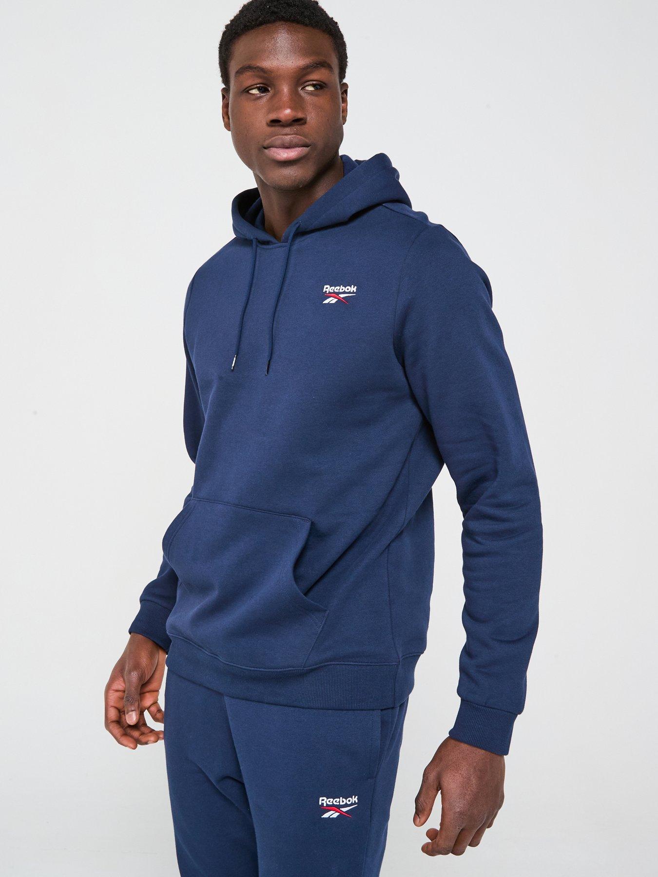  image of reebok-mens-identity-small-logo-fleece-hoodie-navy