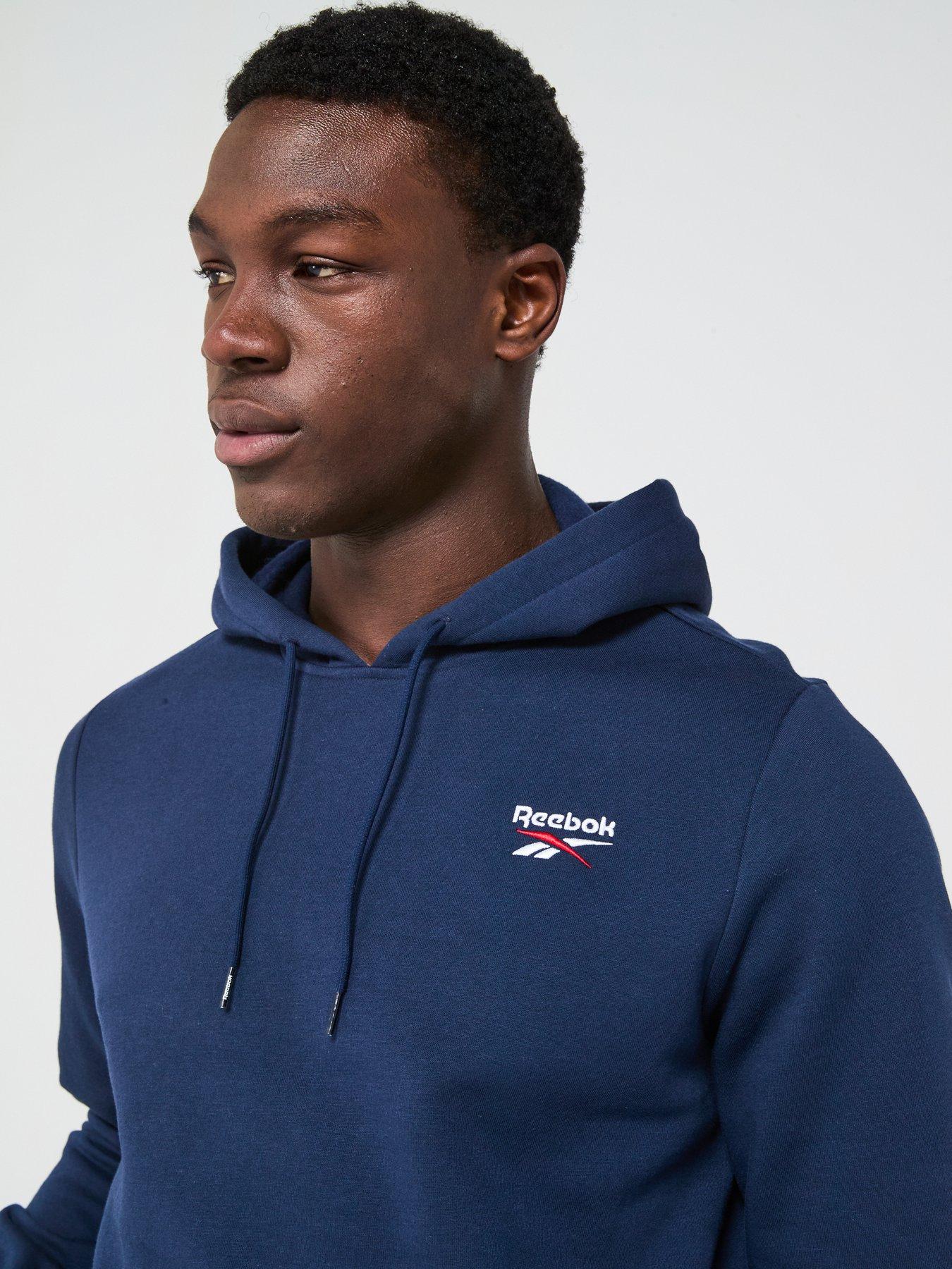  image of reebok-mens-identity-small-logo-fleece-hoodie-navy