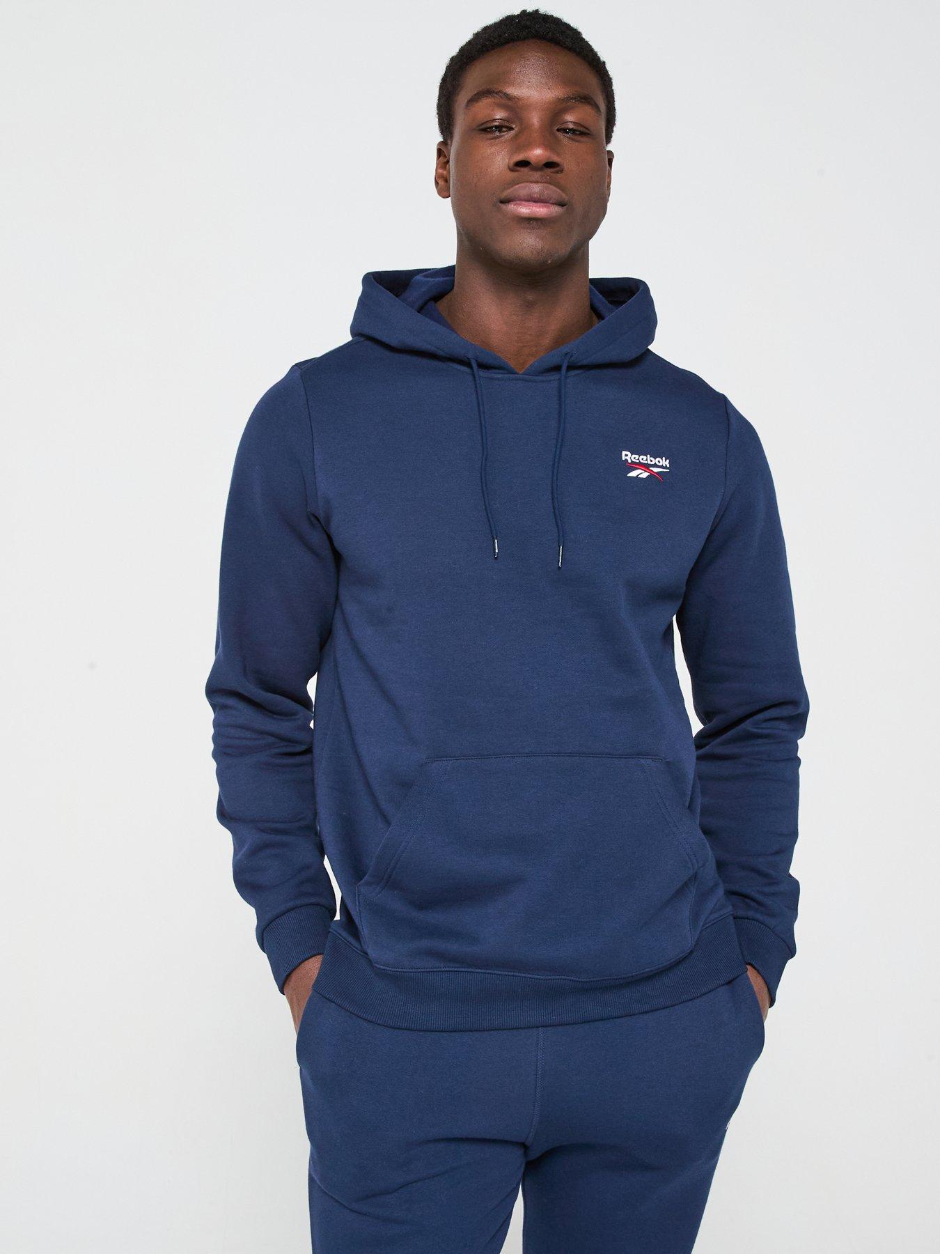  image of reebok-mens-identity-small-logo-fleece-hoodie-navy