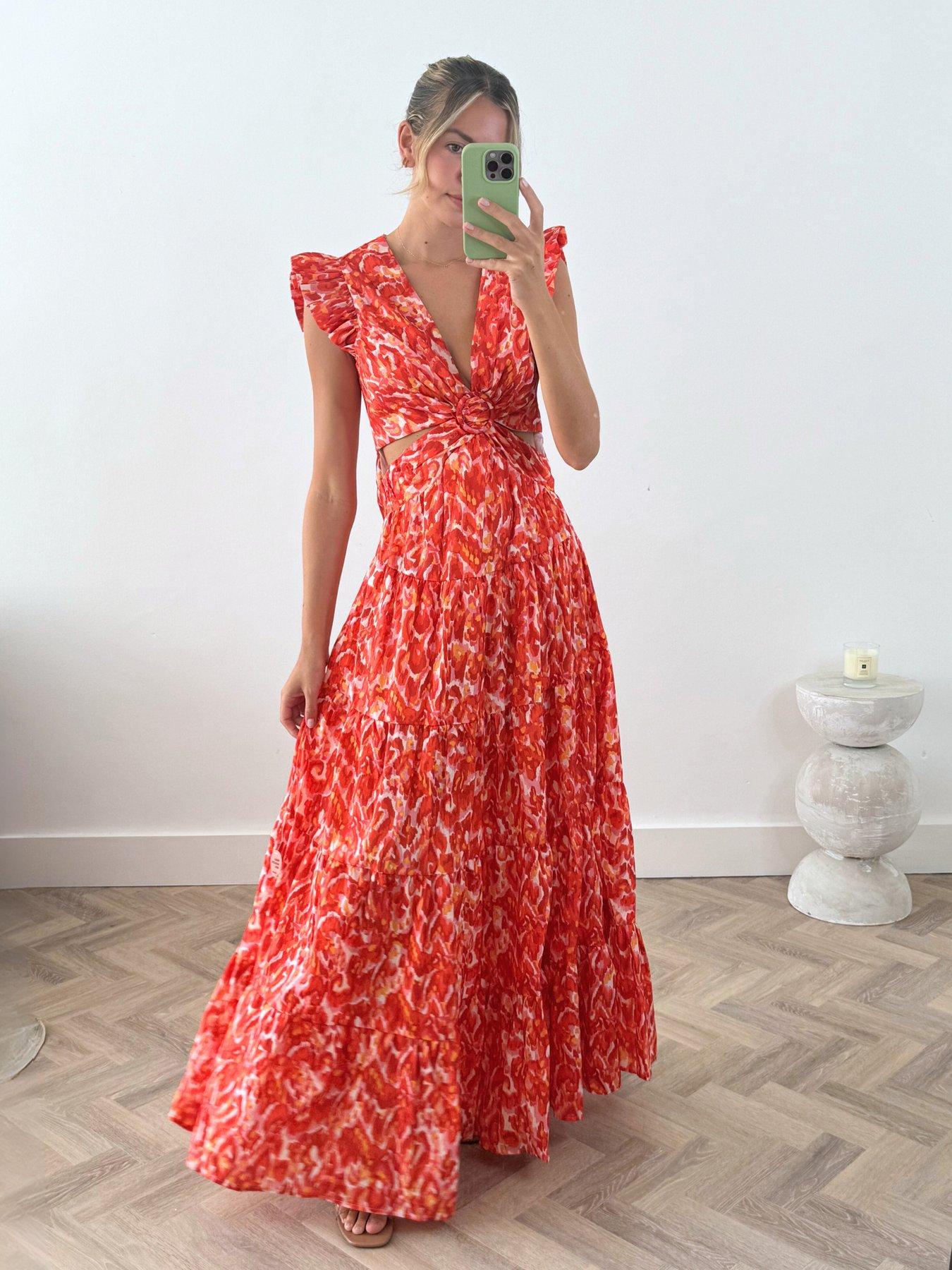 Style Cheat Printed Frill Detail Cut Out Maxi Dress Orange littlewoods