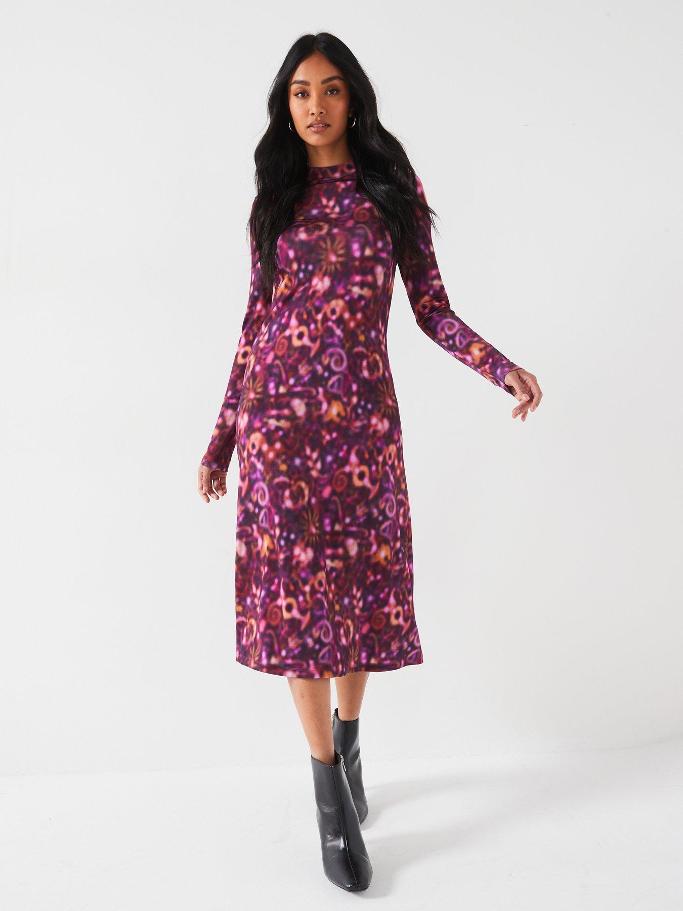 undefined Long Sleeve Floral Midi Dress - Purple