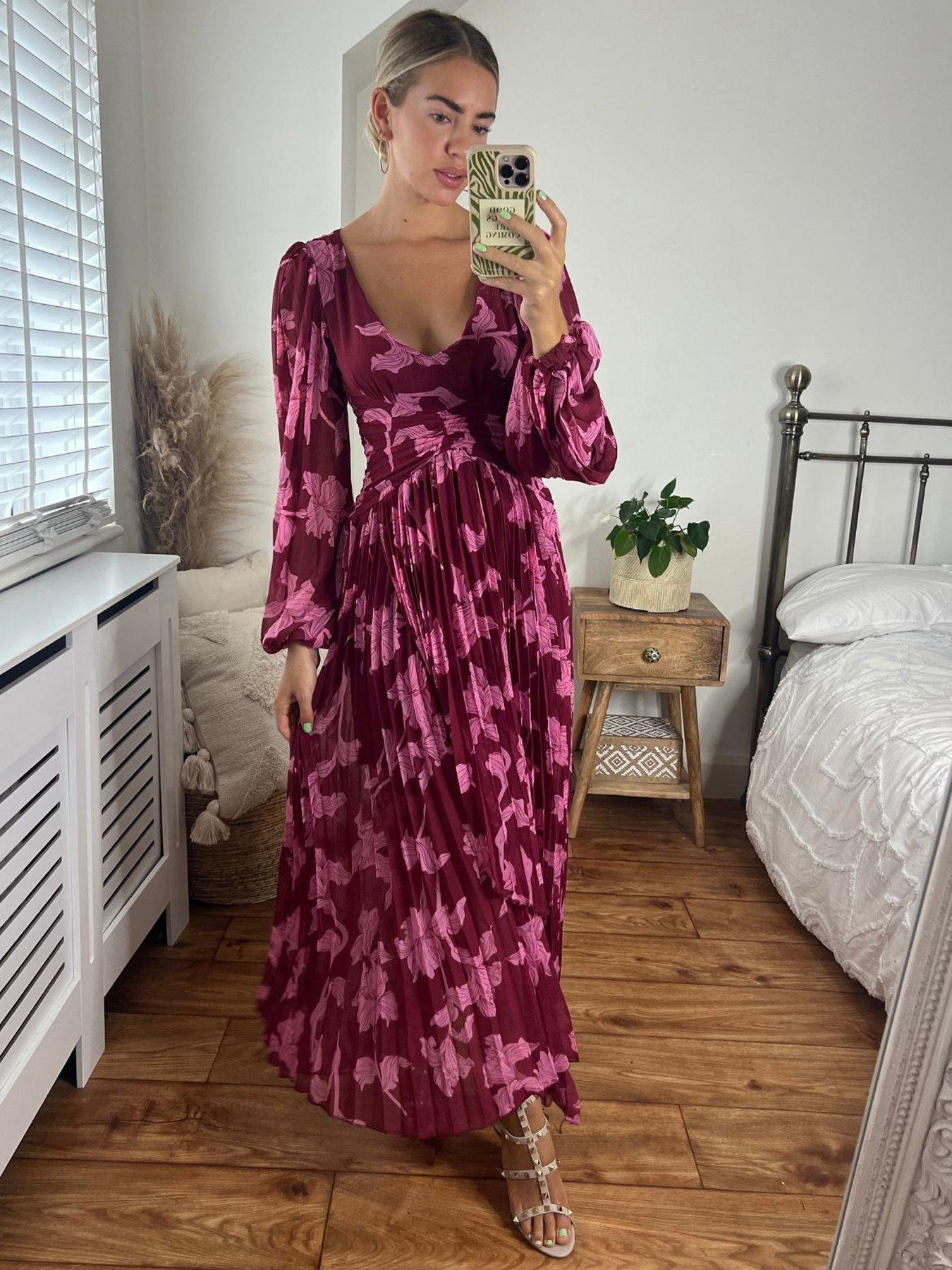Image 1 of 4 of Style Cheat Toni Long Sleeve Pleated Maxi Dress - Mulberry Print