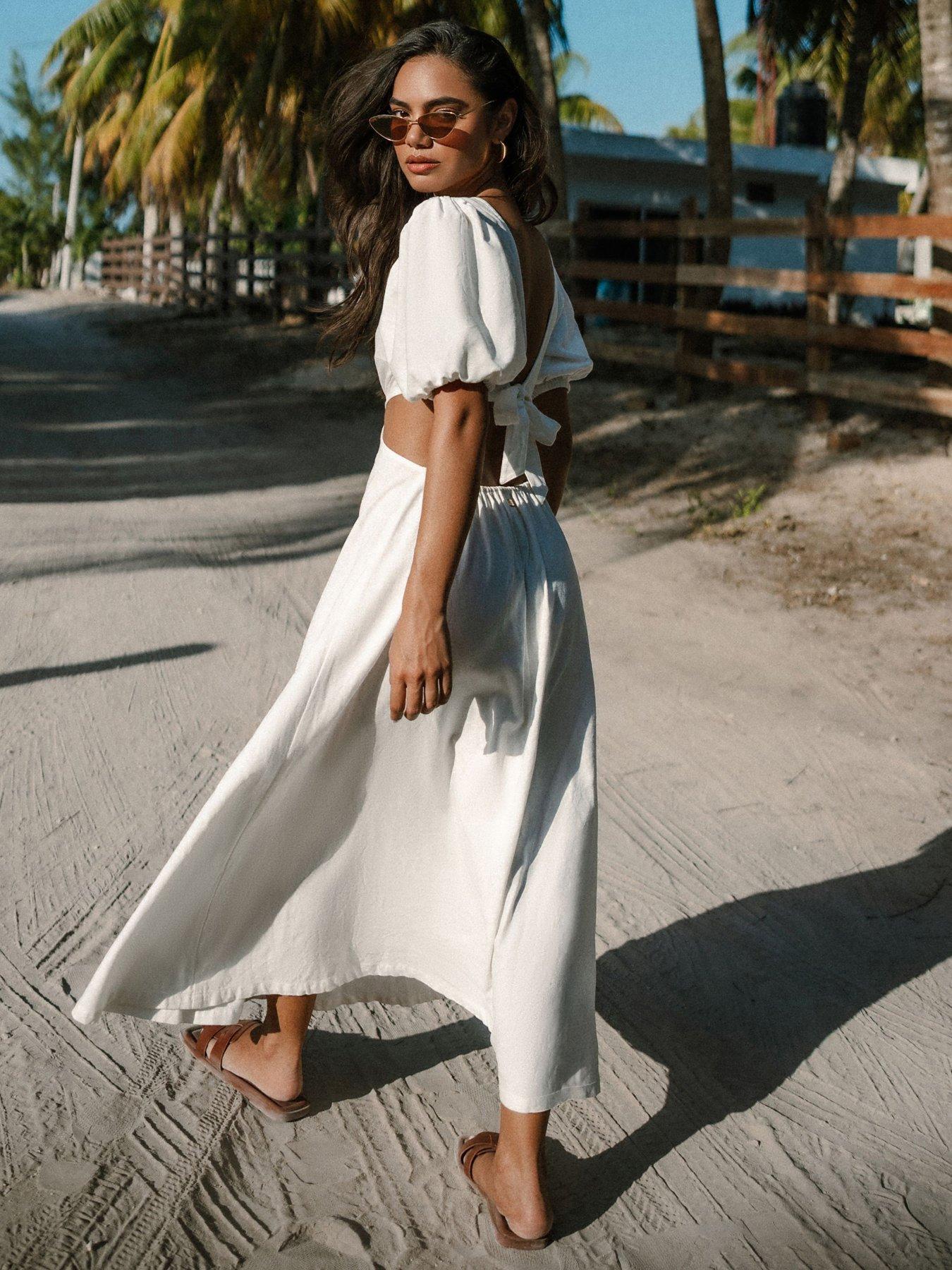 Linen blend Puff Sleeve Maxi Dress White