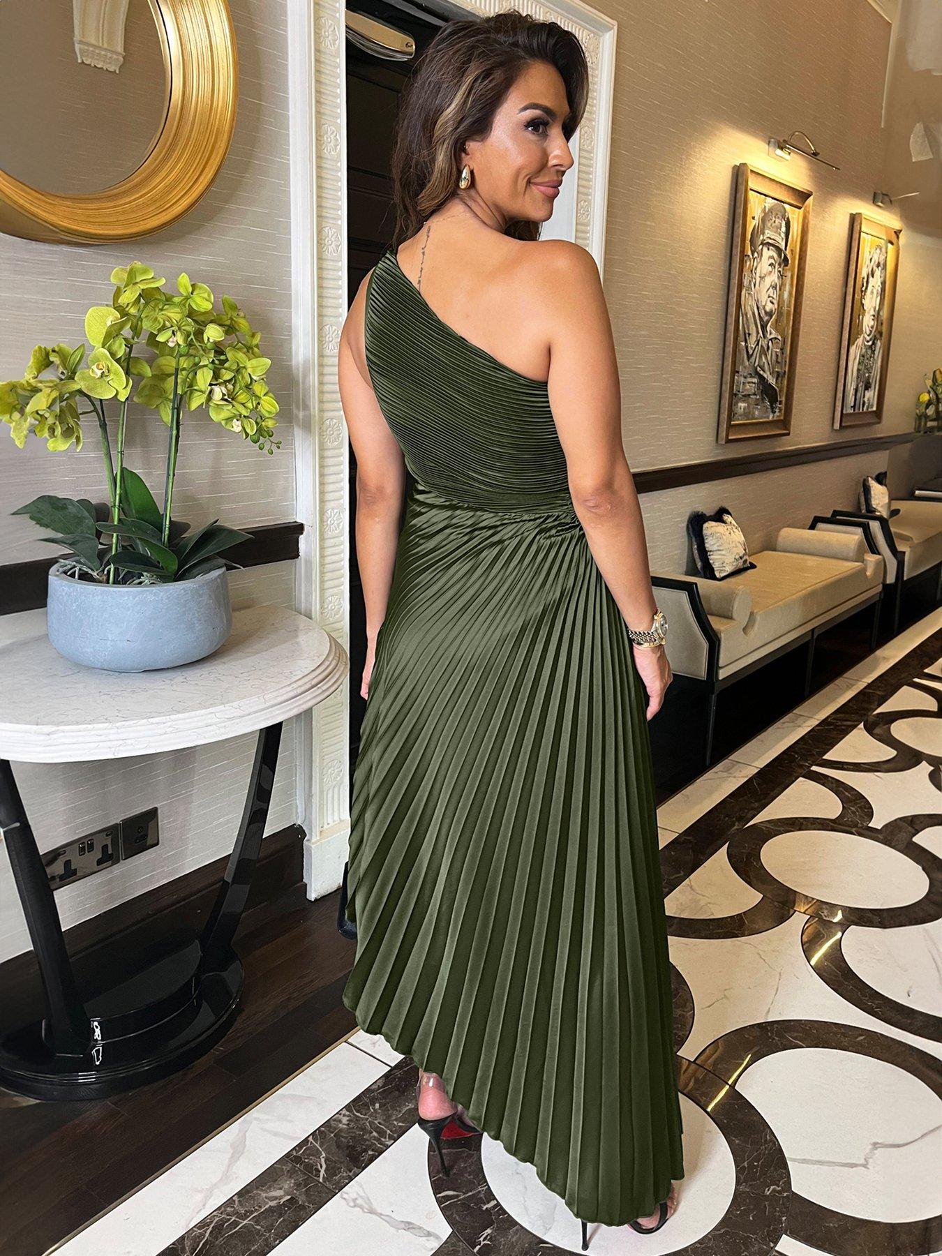 AX Paris One Shoulder Pleated Satin Midi Dress - Olive - Green | Littlewoods