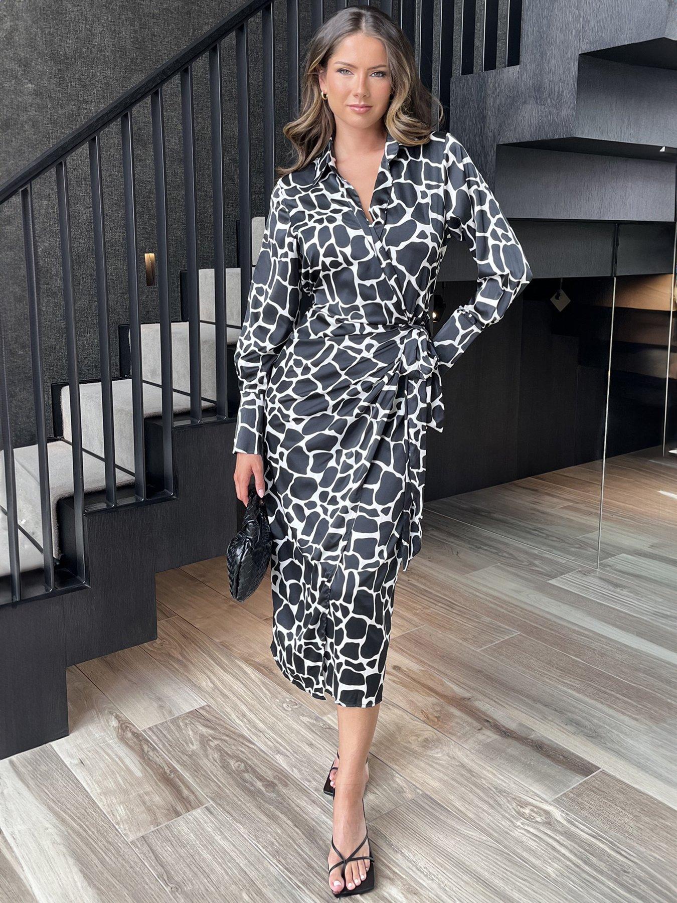 undefined Giraffe Print Waist Side Tie Midi Dress - Black/White