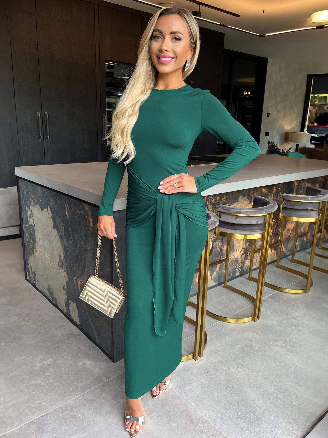 undefined Long Sleeve Sash Midi Dress - Teal