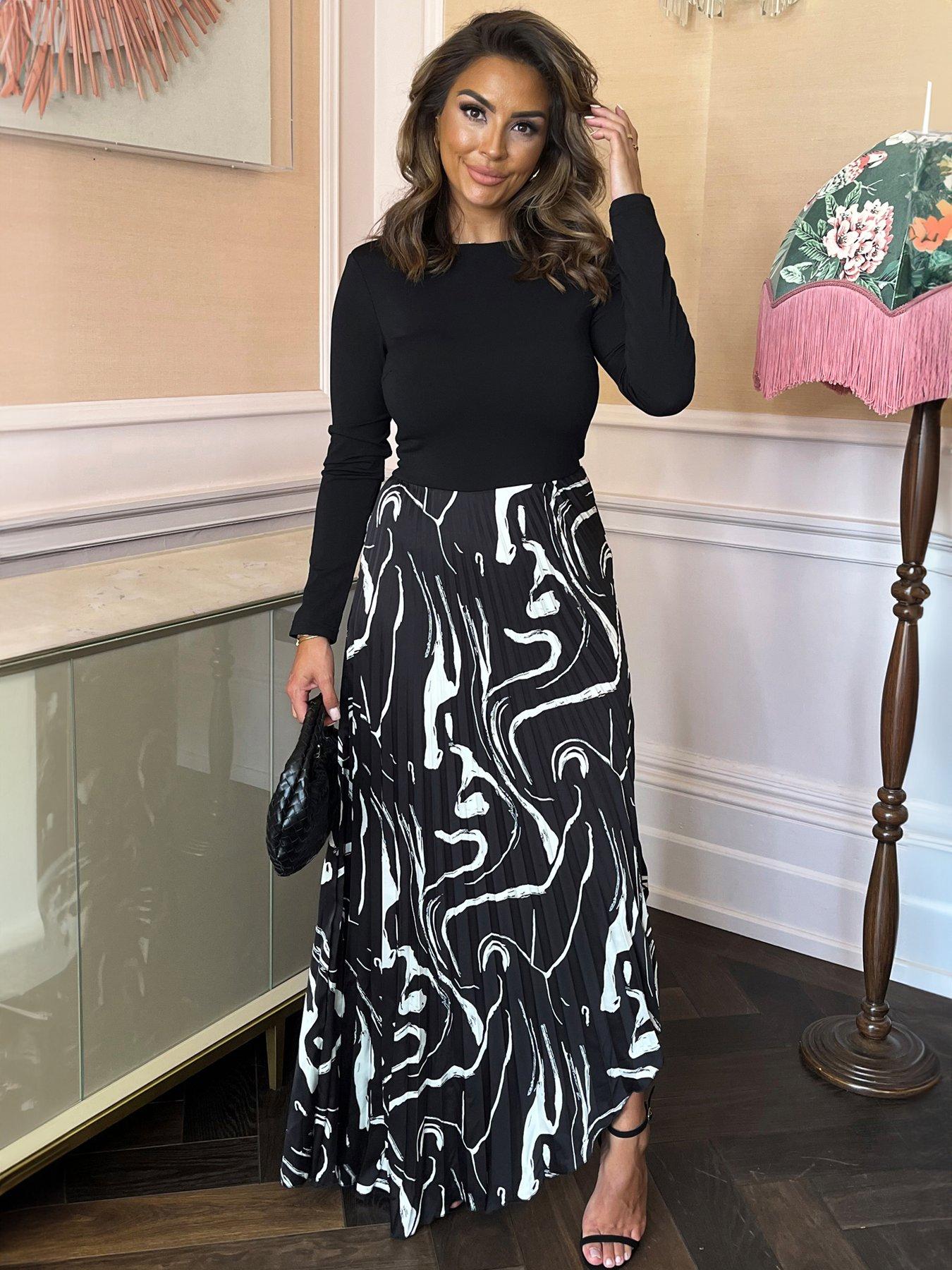 undefined Abstract Stripes 2 in 1 Long Sleeve Pleated Skirt Midi Dress - Black