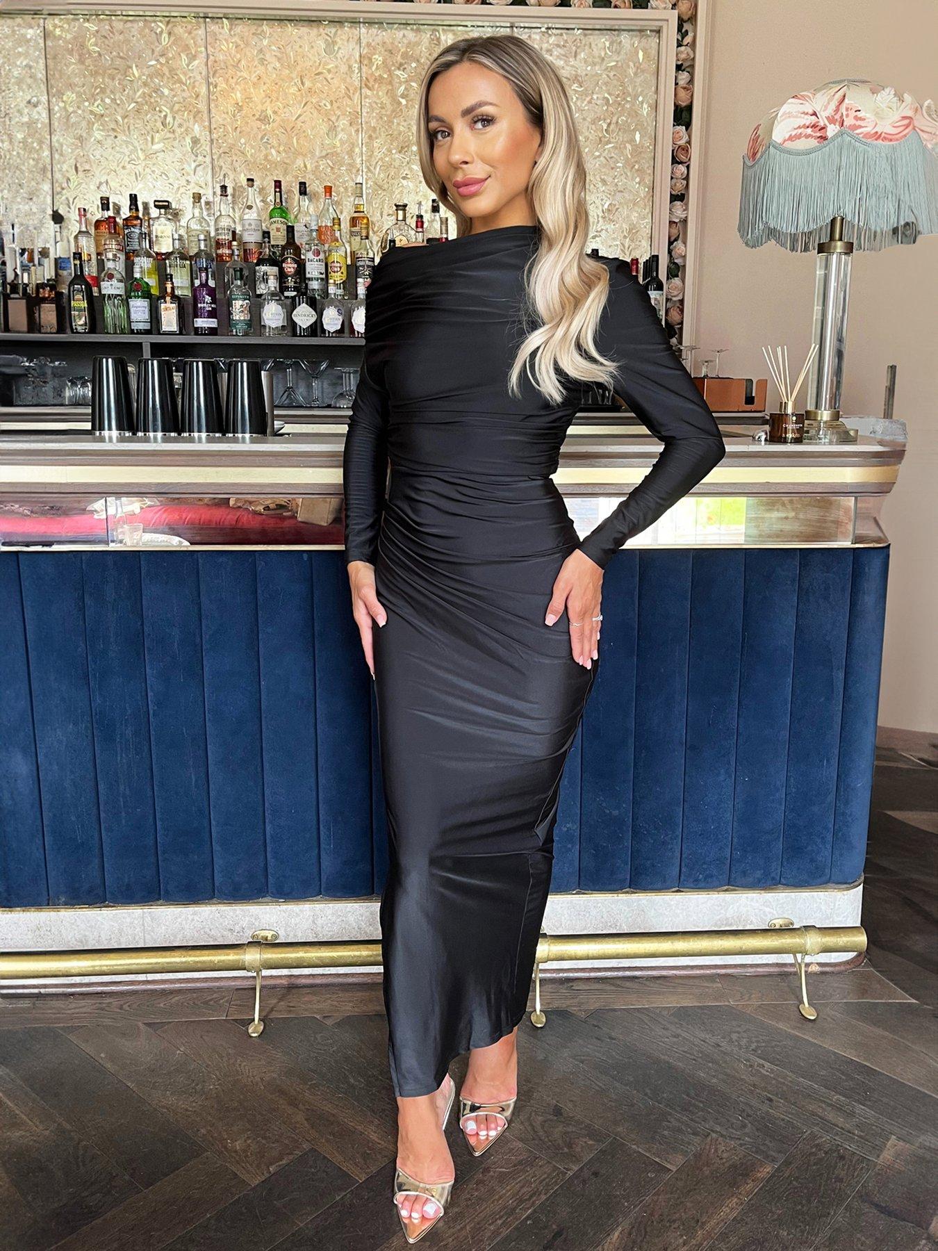  image of ax-paris-off-the-shoulder-long-sleeves-draped-midi-dress-blacknbsp