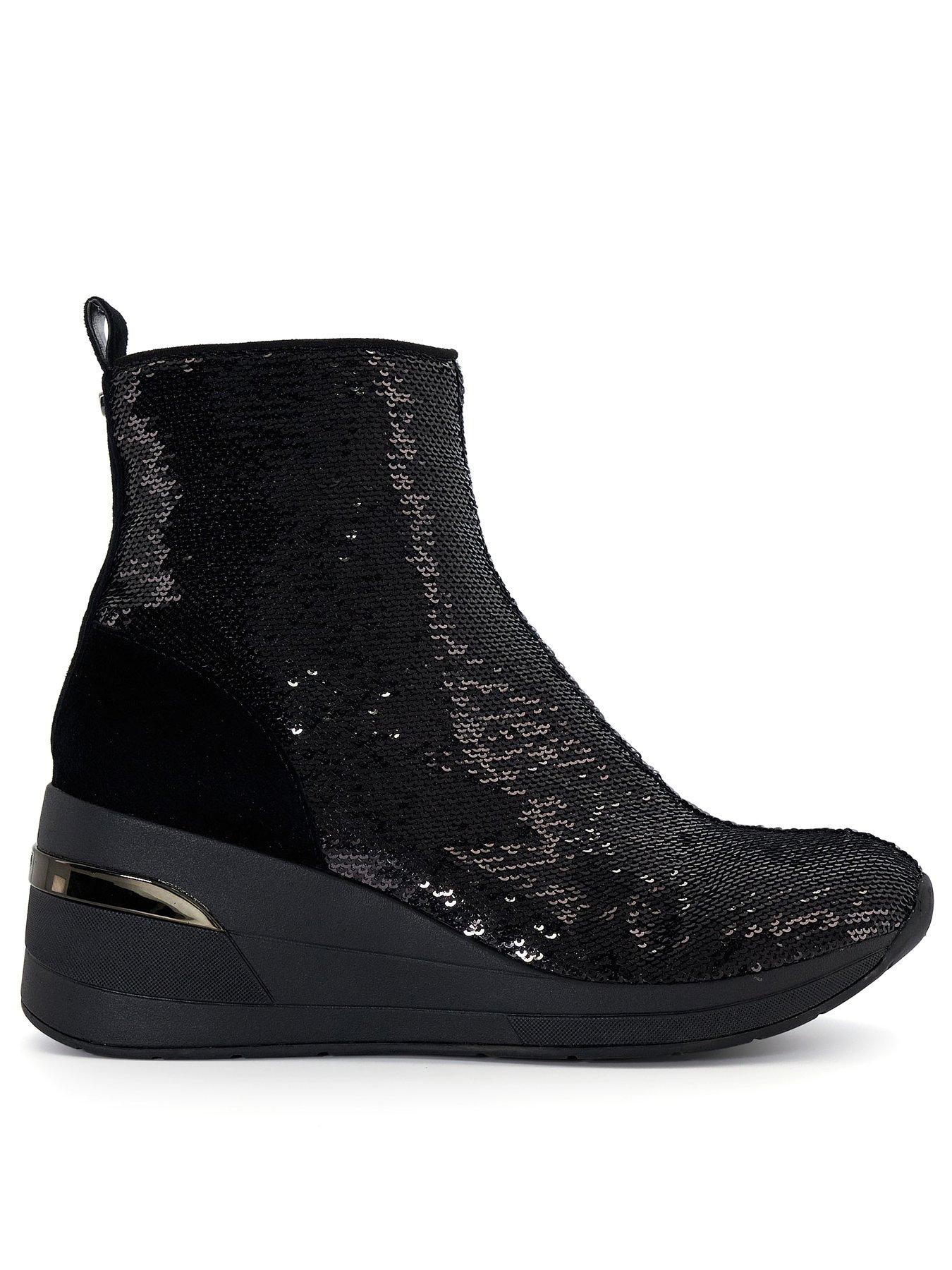  image of dune-london-effective-2-sequined-wedge-heeled-trainers-black