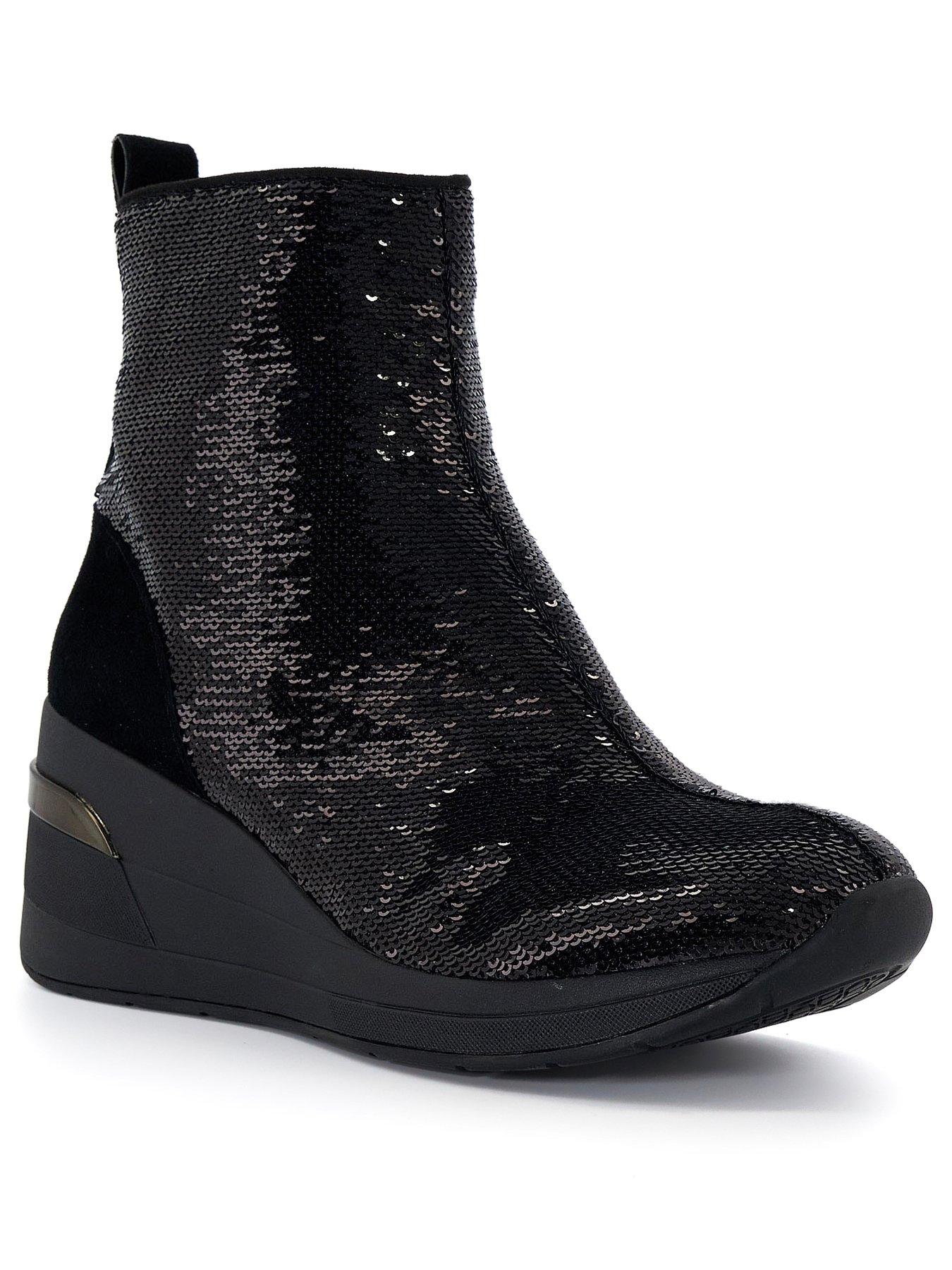  image of dune-london-effective-2-sequined-wedge-heeled-trainers-black