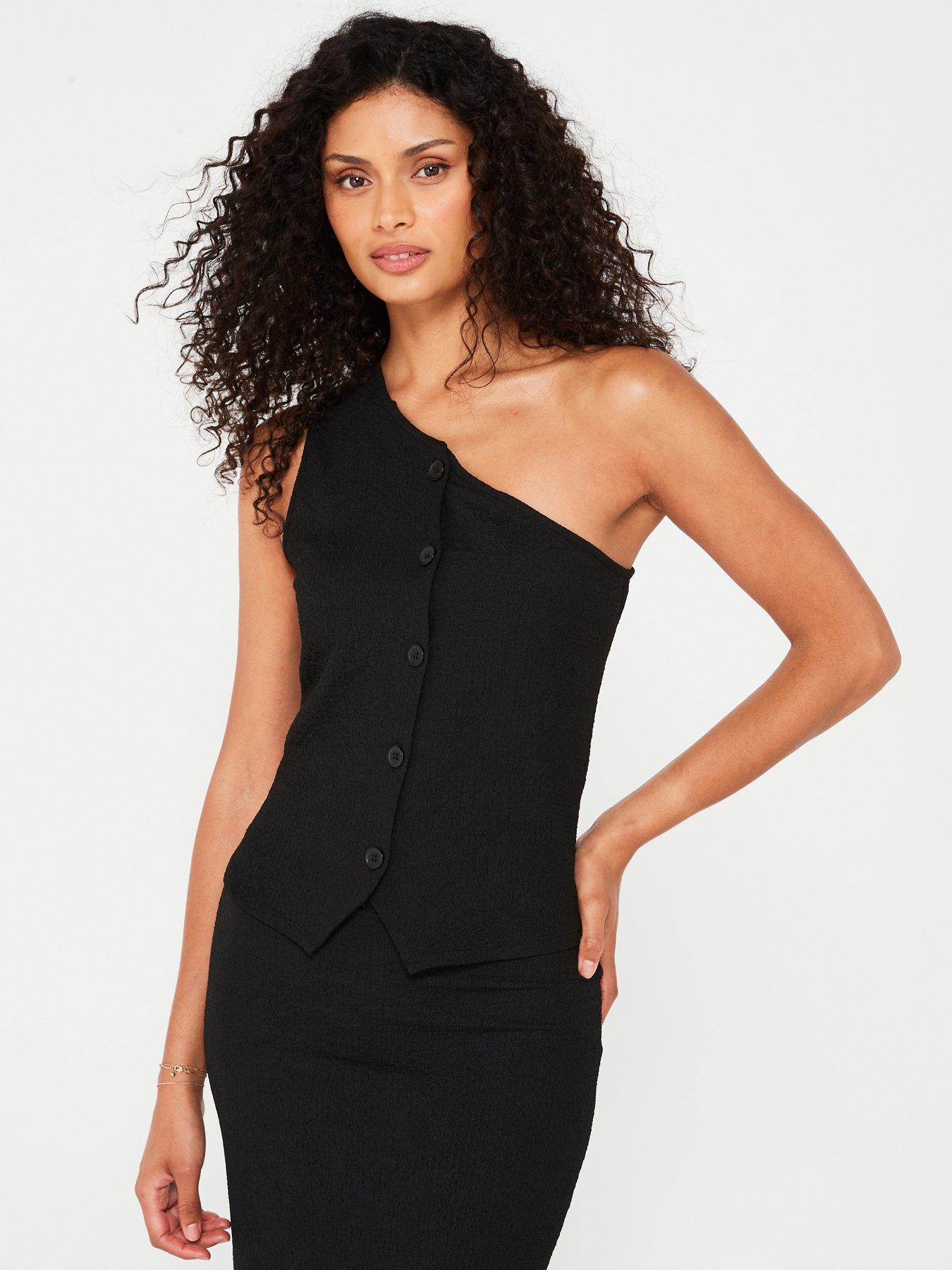  image of v-by-very-one-shoulder-crinkle-top-black