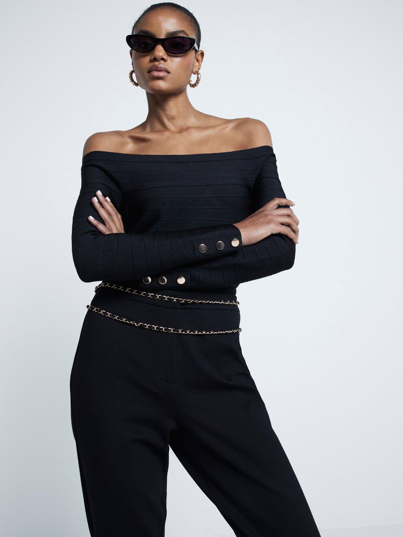 Image 1 of 6 of River Island Knitted Bardot Top - Black