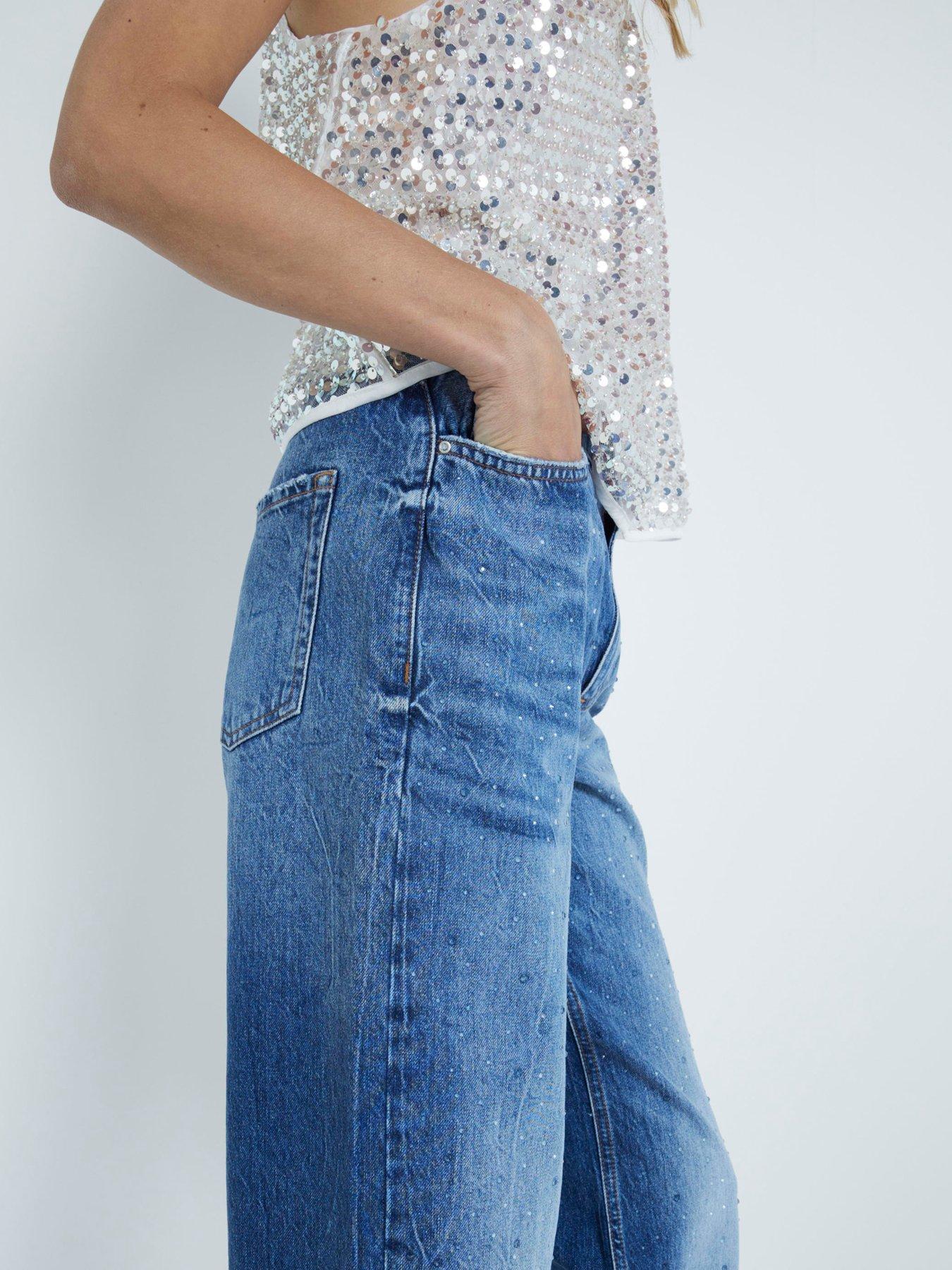 Image 4 of 6 of River Island Relaxed Embellished Straight Jeans - Blue
